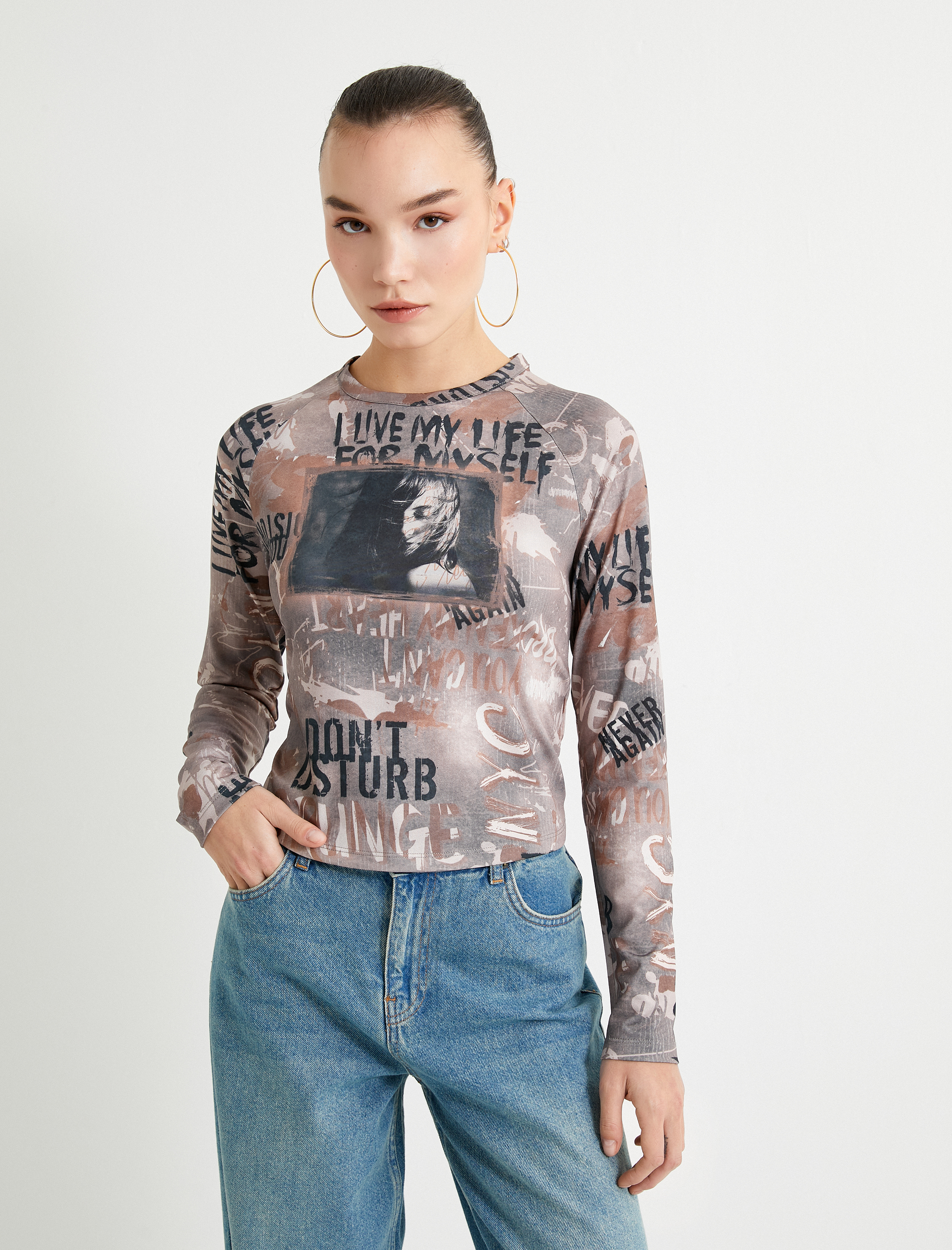   Baskılı Uzun Kollu Tişört Bisiklet Yaka Slim Fit