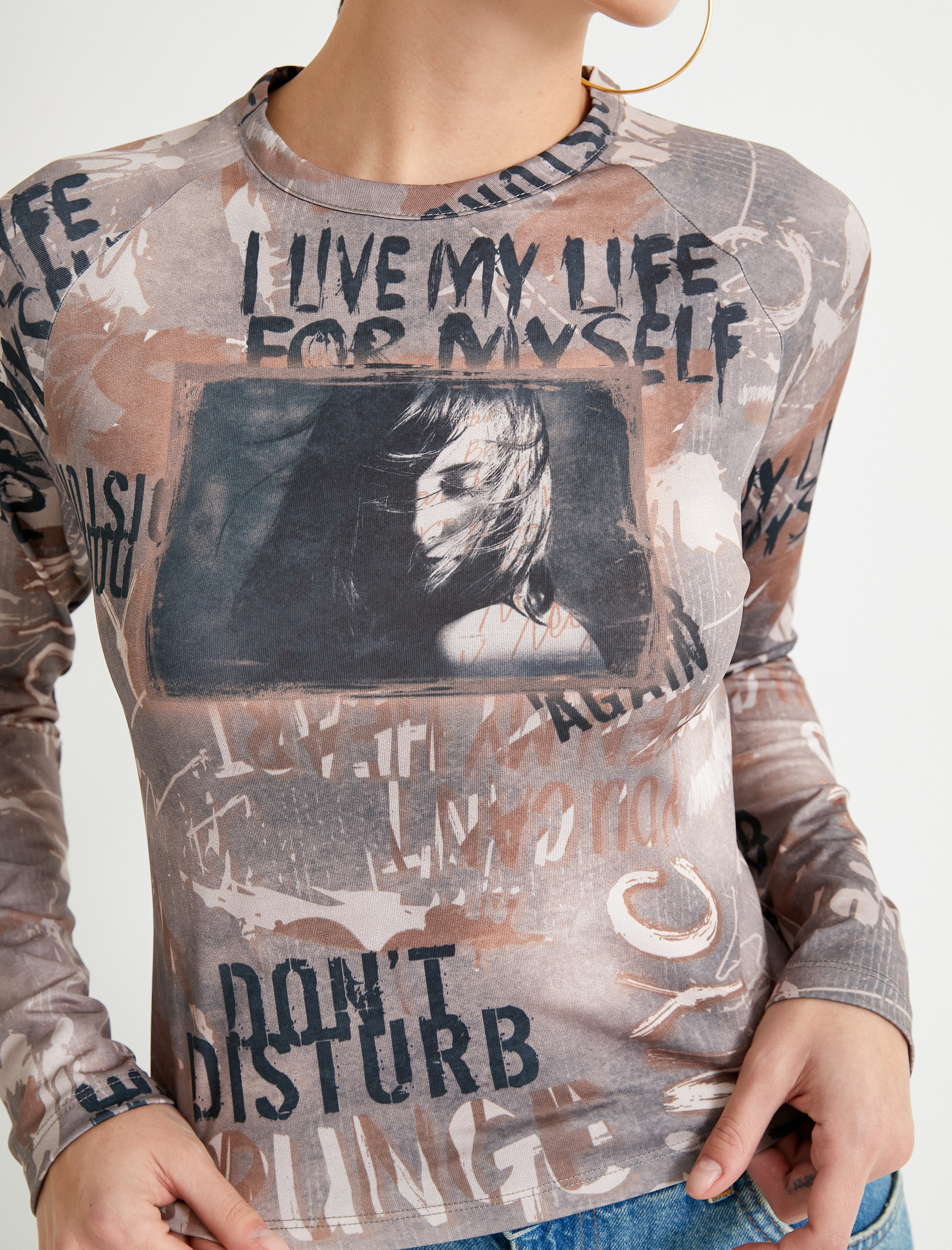   Baskılı Uzun Kollu Tişört Bisiklet Yaka Slim Fit