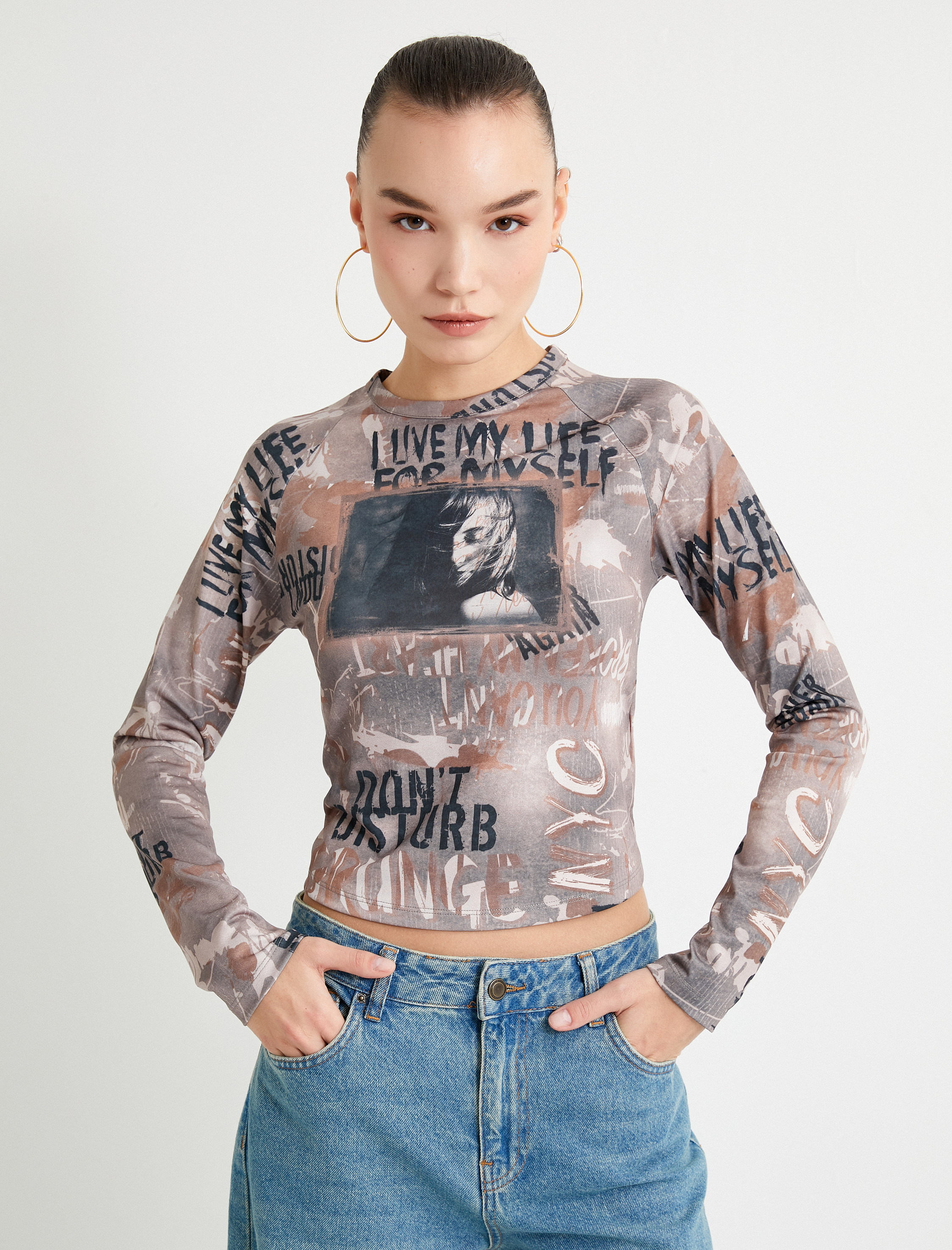   Baskılı Uzun Kollu Tişört Bisiklet Yaka Slim Fit