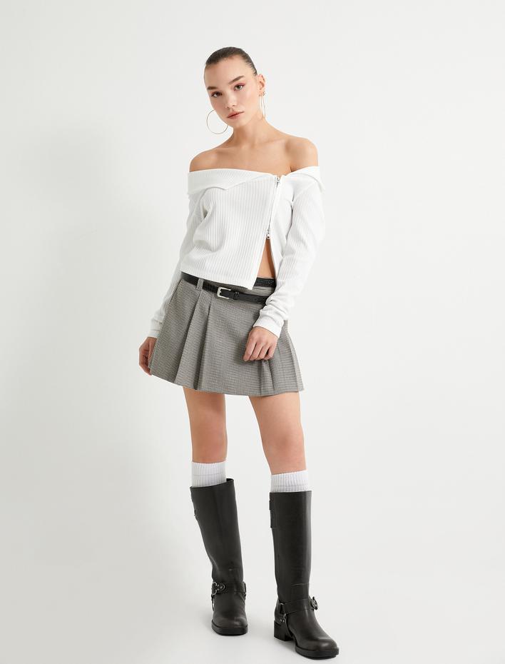  Madonna Yaka Omzu Açık Tişört Fermuarlı Uzun Kollu