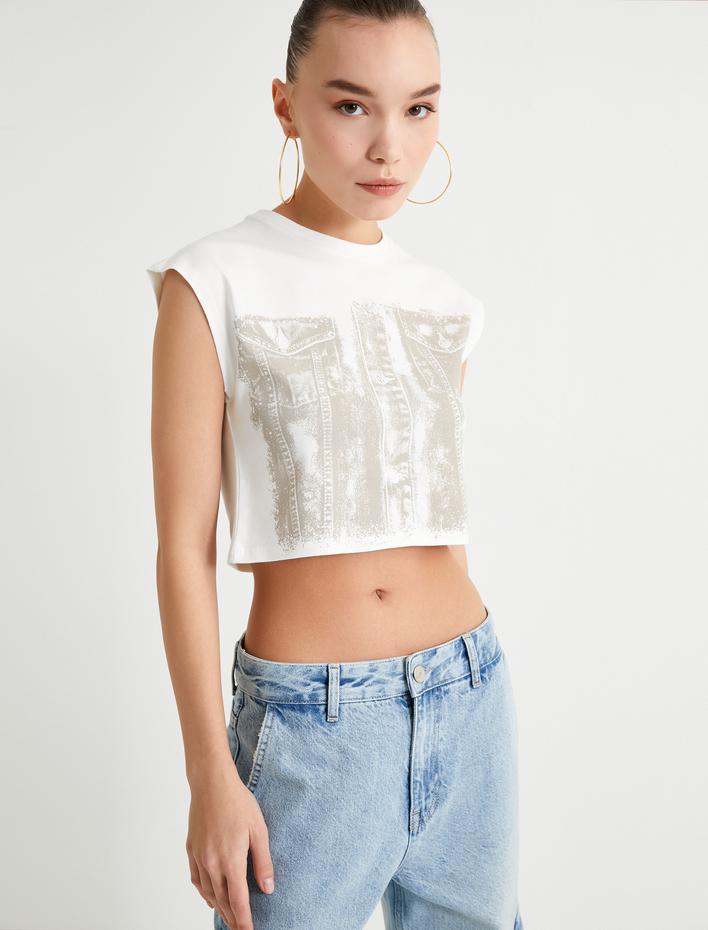  Crop Kolsuz Tişört Baskılı Bisiklet Yaka Pamuklu