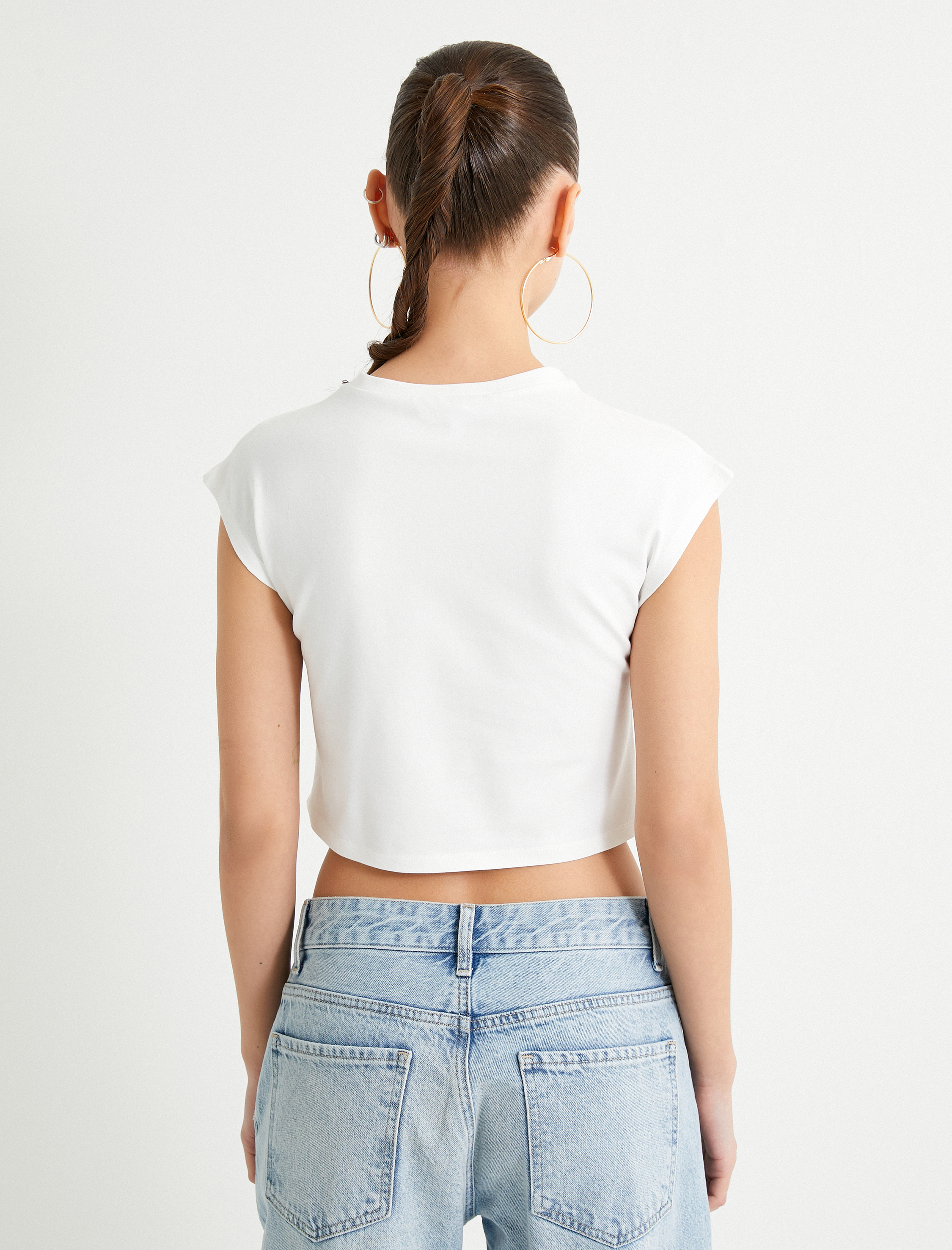   Crop Kolsuz Tişört Baskılı Bisiklet Yaka Pamuklu