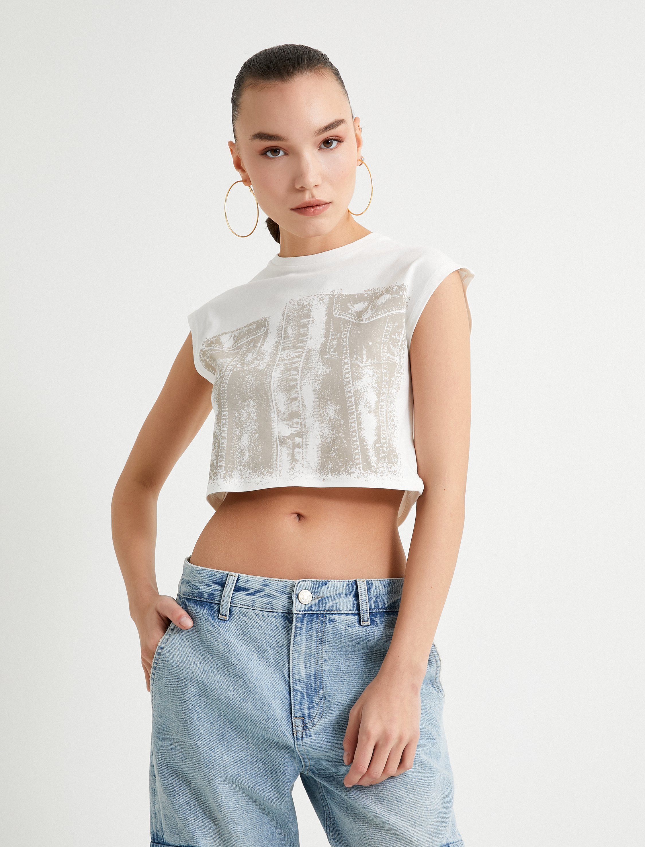   Crop Kolsuz Tişört Baskılı Bisiklet Yaka Pamuklu