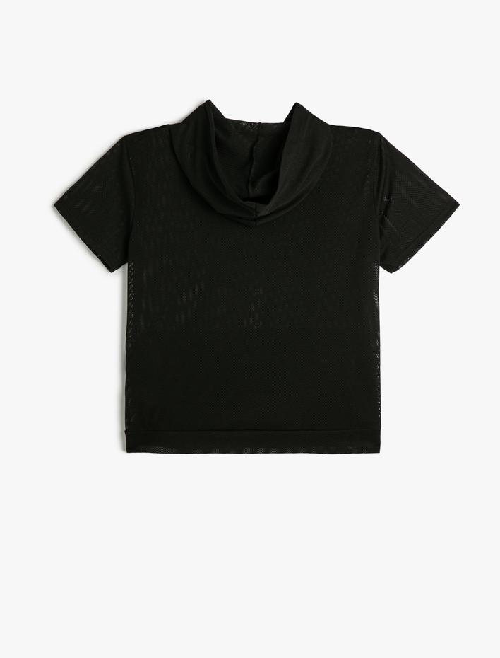  Kapüşonlu File Tişört Spor Kısa Kollu kanguru Cepli Baskılı