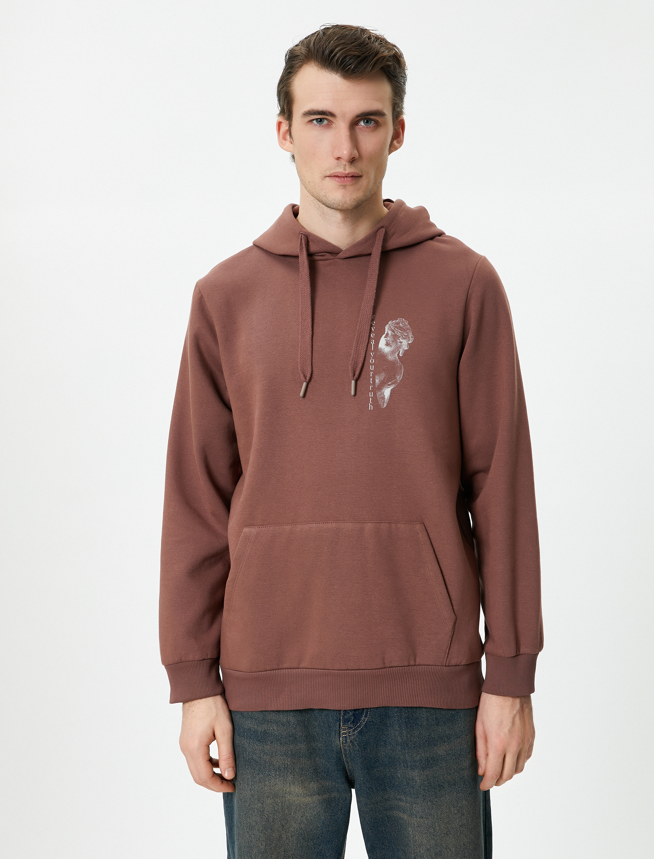 Arkası Baskılı Hoodie Sloganlı Kanguru Cepli Şardonlu
