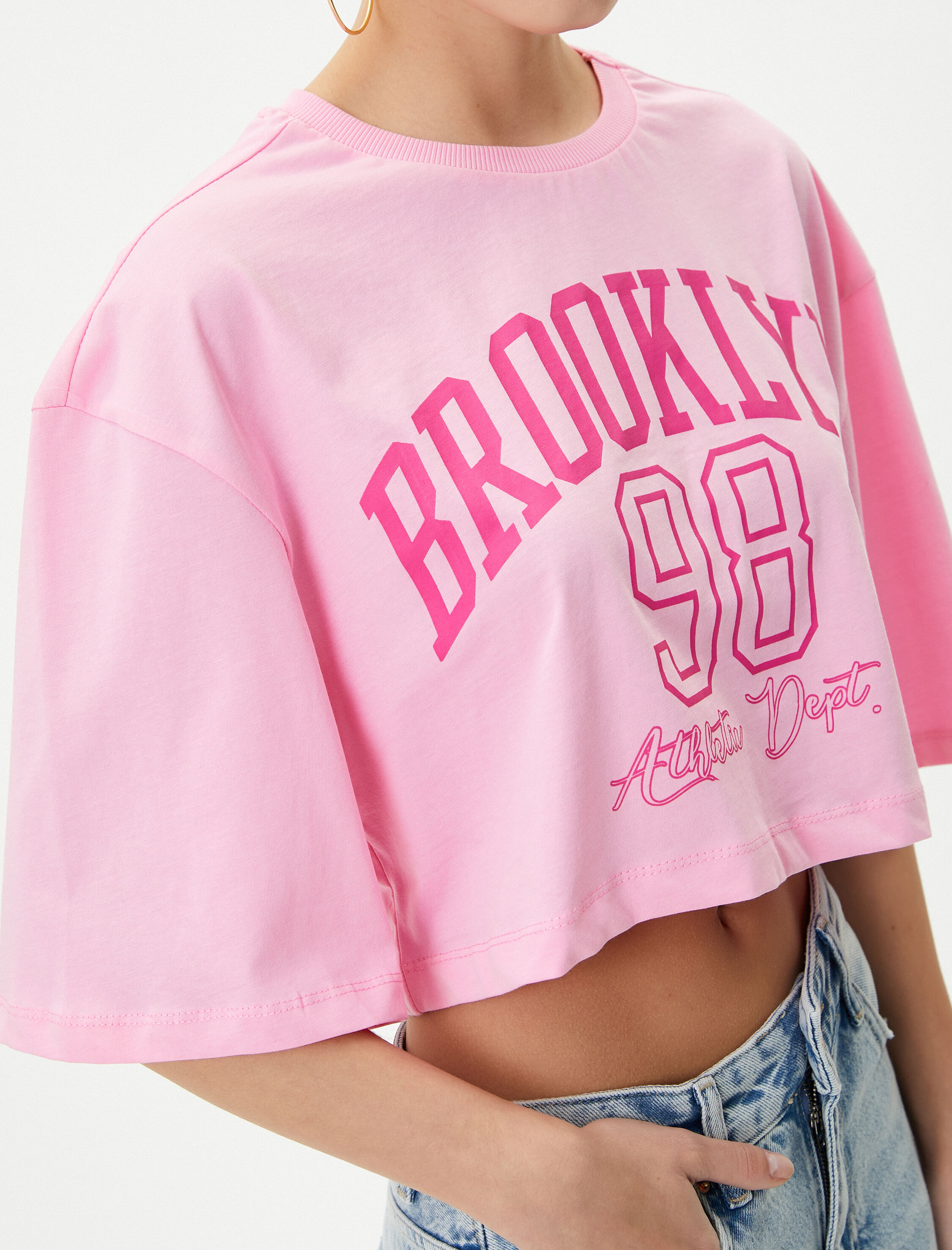   Baskılı Crop Tişört Rahat Kalıp Kısa Kollu Bisiklet Yaka Pamuklu