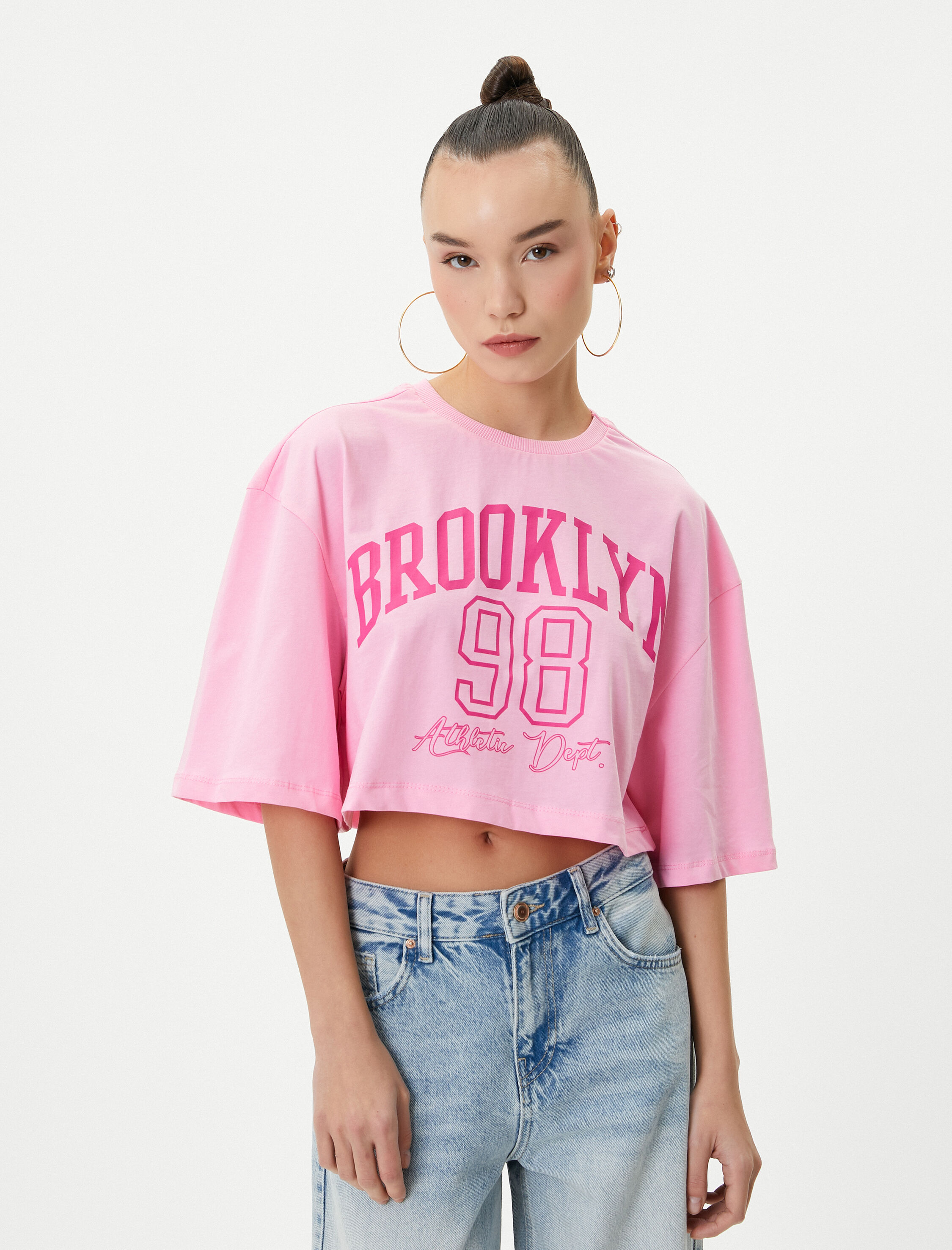   Baskılı Crop Tişört Rahat Kalıp Kısa Kollu Bisiklet Yaka Pamuklu