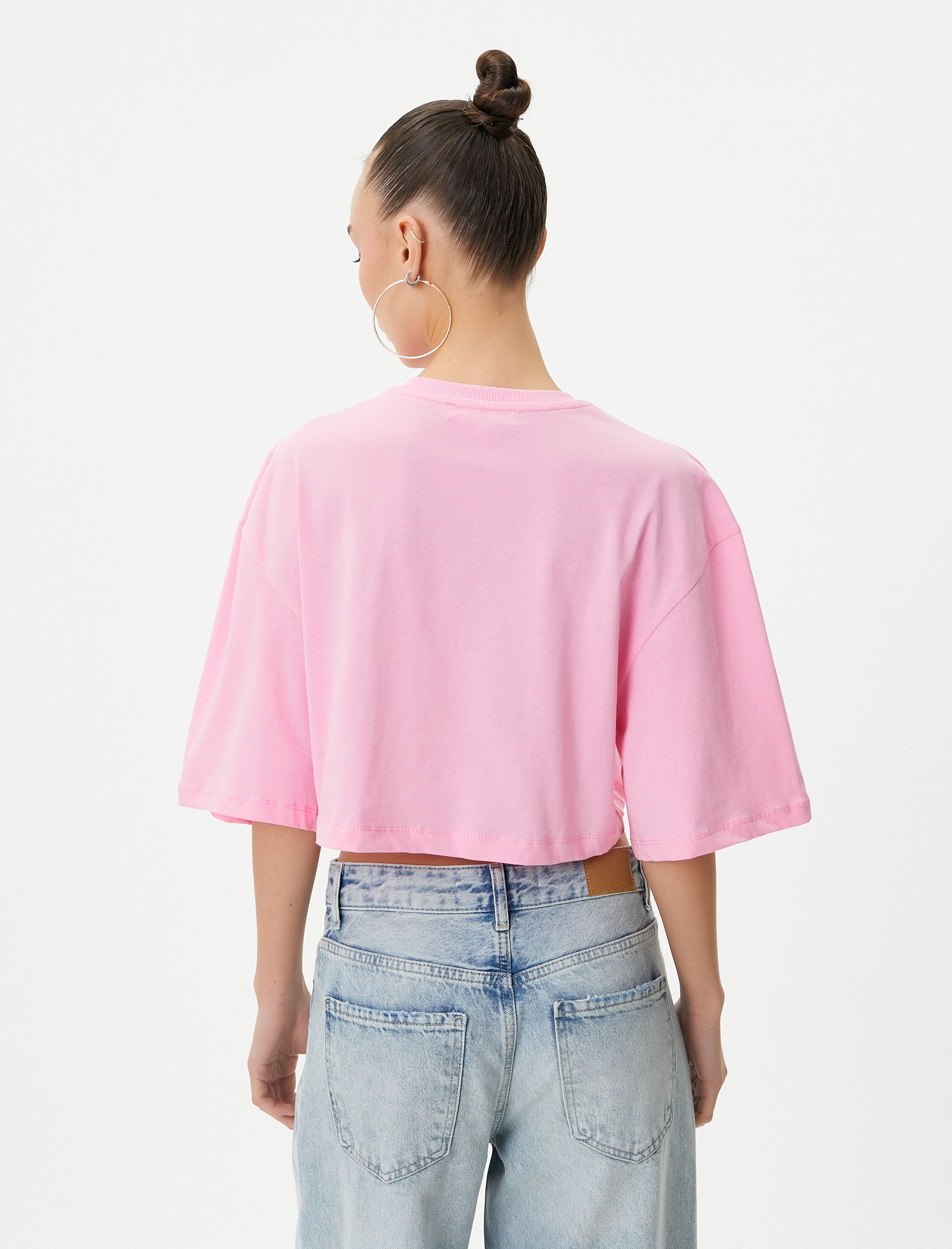   Baskılı Crop Tişört Rahat Kalıp Kısa Kollu Bisiklet Yaka Pamuklu