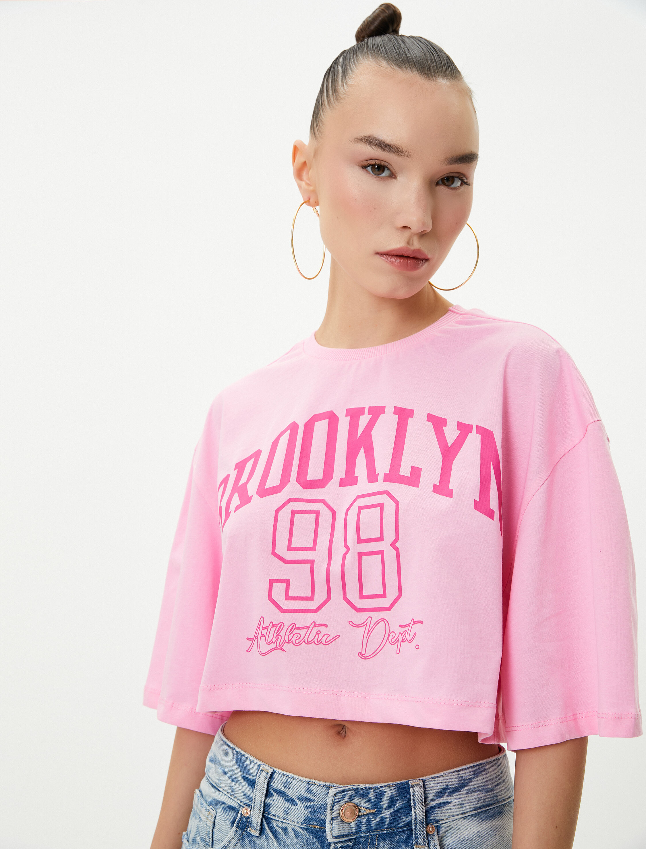   Baskılı Crop Tişört Rahat Kalıp Kısa Kollu Bisiklet Yaka Pamuklu