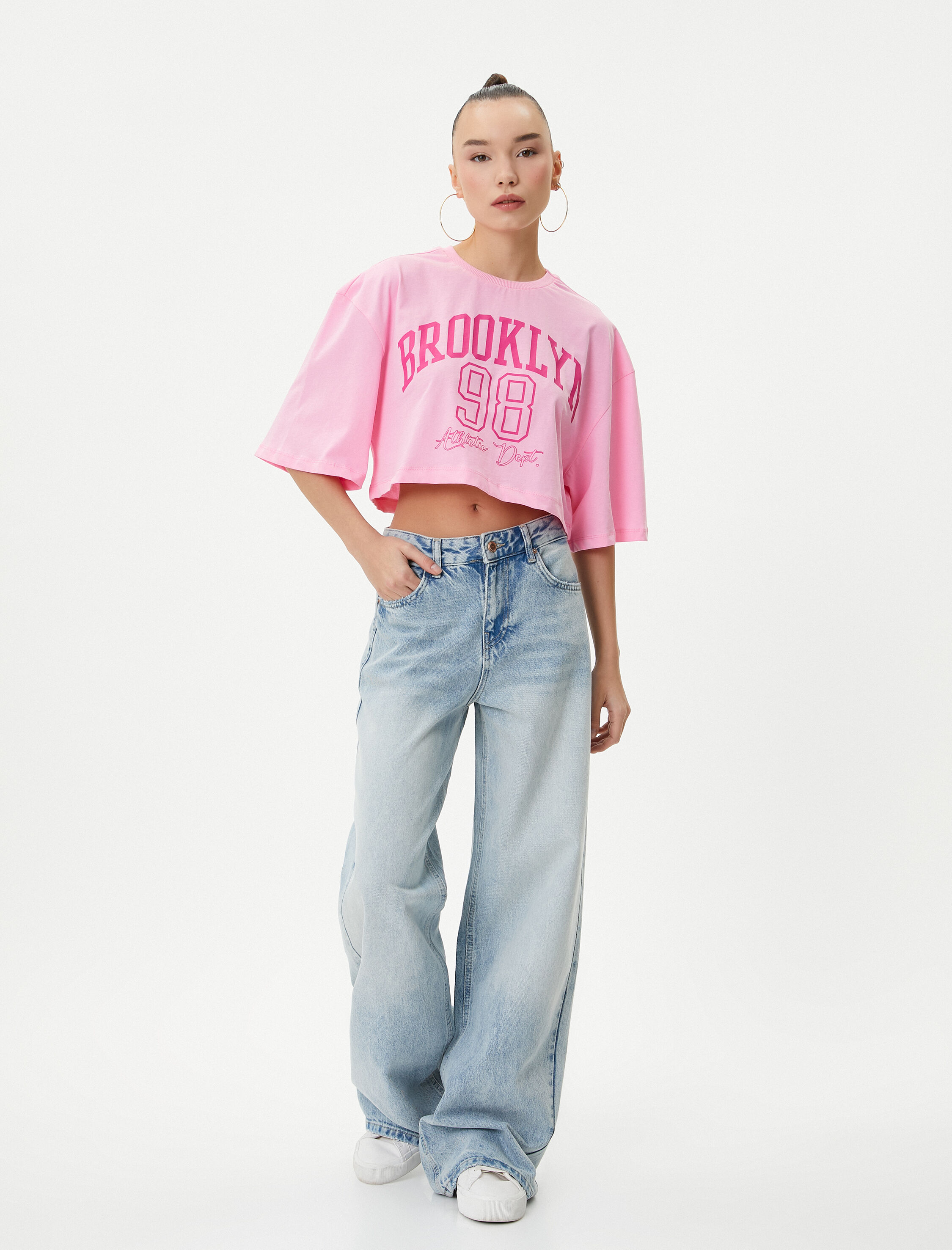   Baskılı Crop Tişört Rahat Kalıp Kısa Kollu Bisiklet Yaka Pamuklu