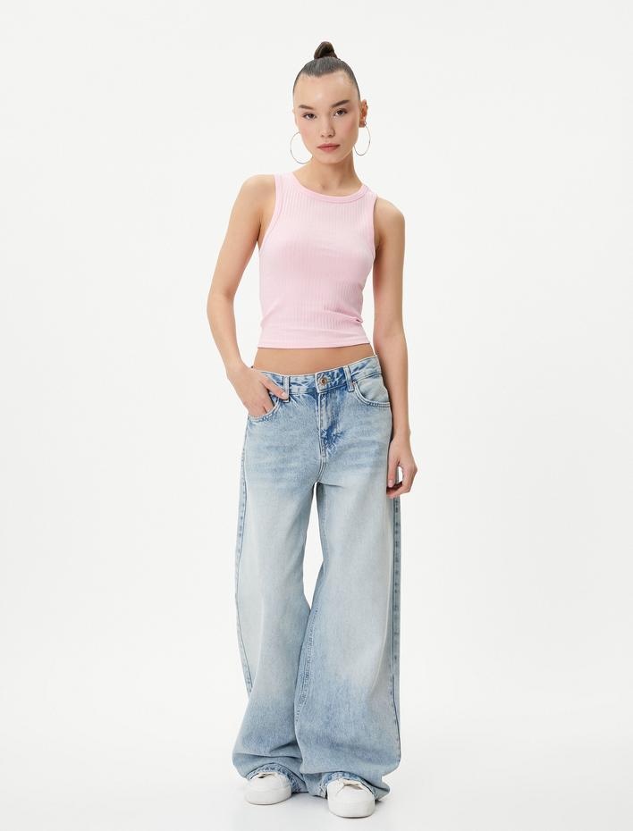  Basic Crop Atlet Bisiklet Yaka Pamuklu Ribanalı