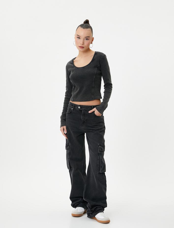  Uzun Kollu Tişört U Yaka Ribanalı Soluk Efektli Pamuklu