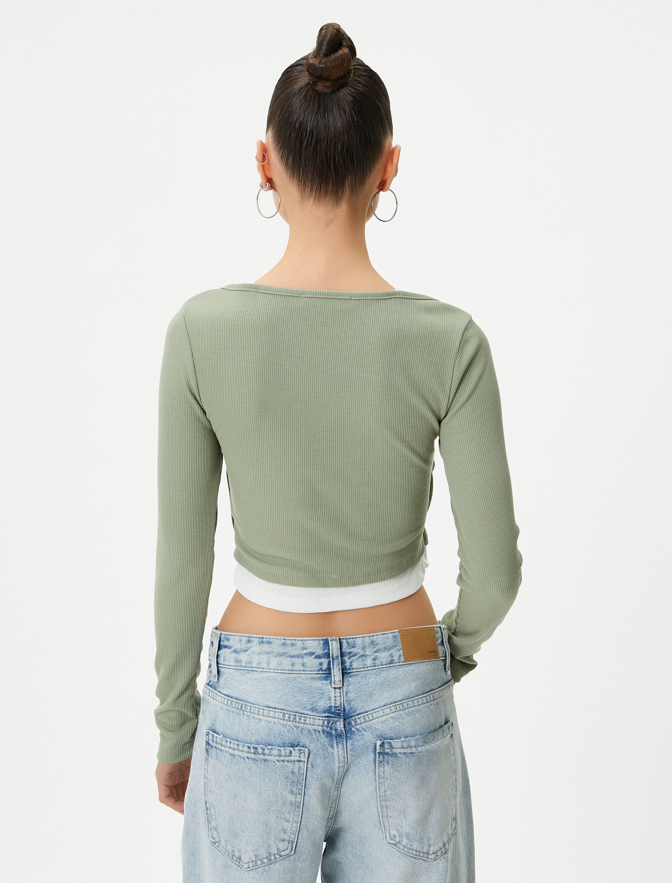   Katlı Crop Tişört Çift Yaka Renk Kontrastlı Uzun Kollu Ribanalı