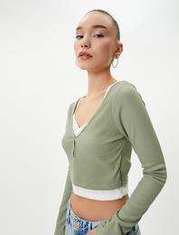 Katlı Crop Tişört Çift Yaka Renk Kontrastlı Uzun Kollu Ribanalı