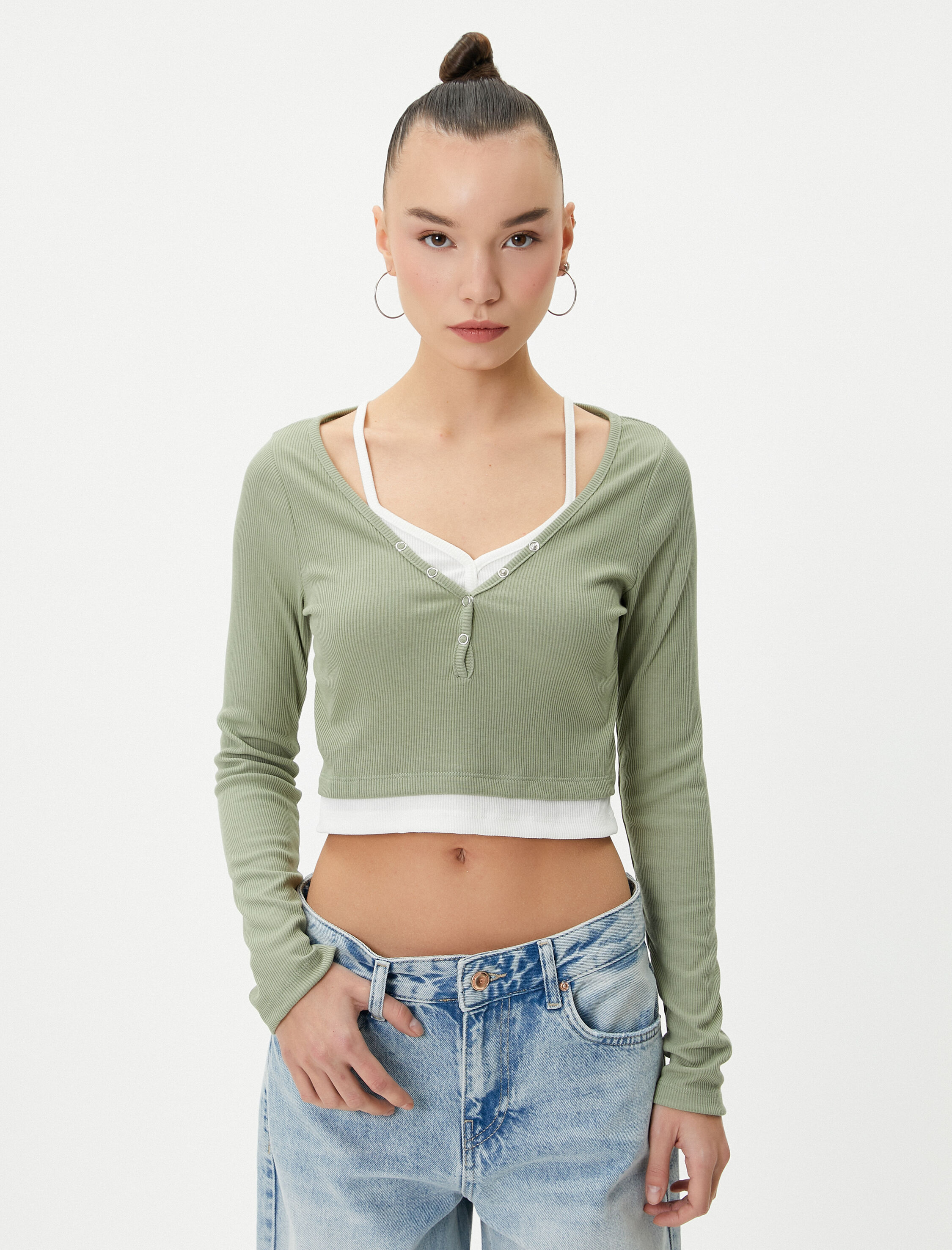   Katlı Crop Tişört Çift Yaka Renk Kontrastlı Uzun Kollu Ribanalı