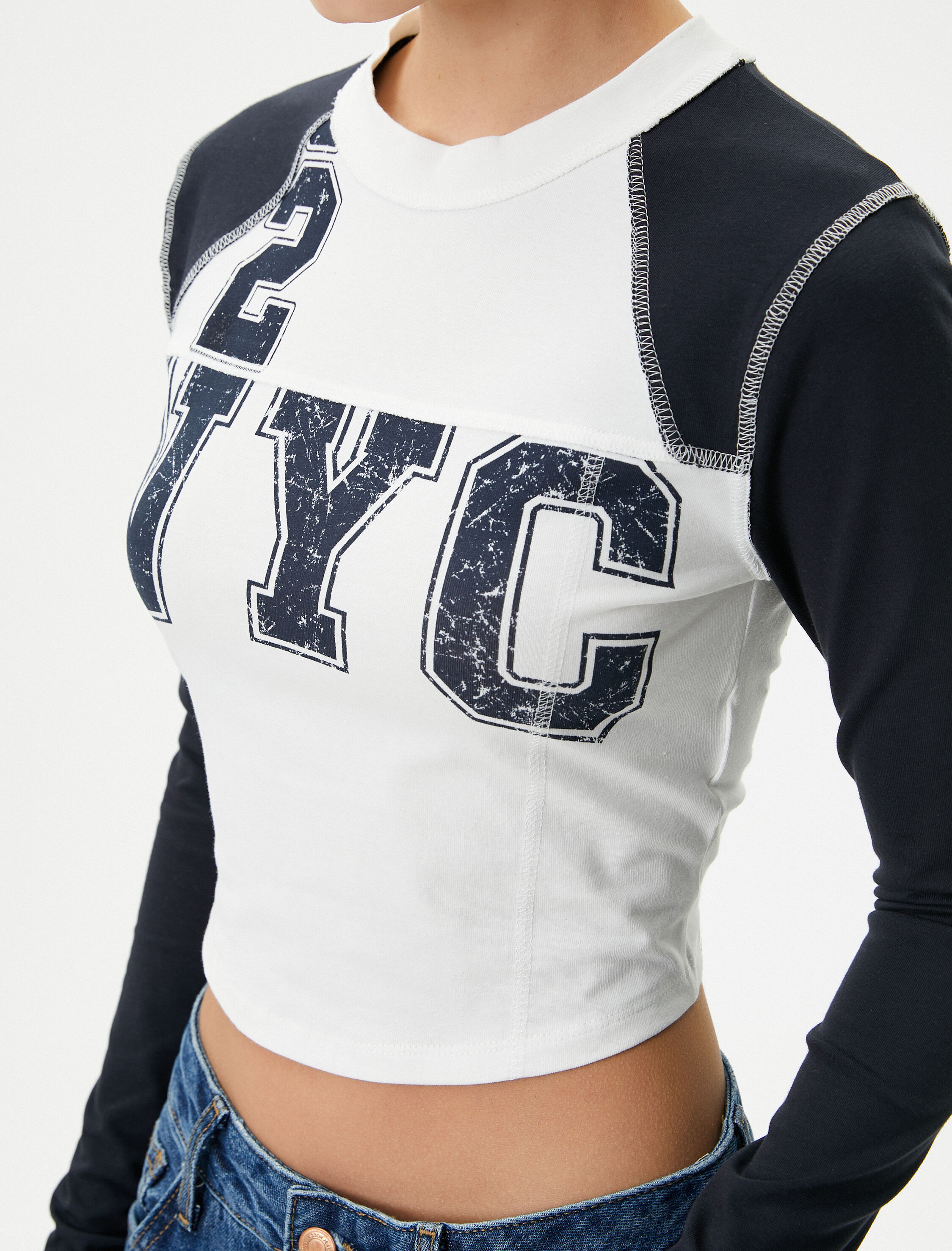   Kolej Crop Tişört Renk Bloklu Uzun Kollu Bisiklet Yaka Pamuklu