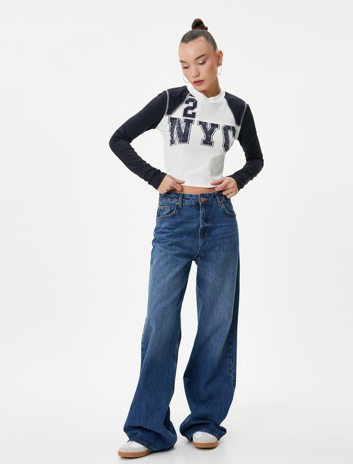  Kolej Crop Tişört Renk Bloklu Uzun Kollu Bisiklet Yaka Pamuklu