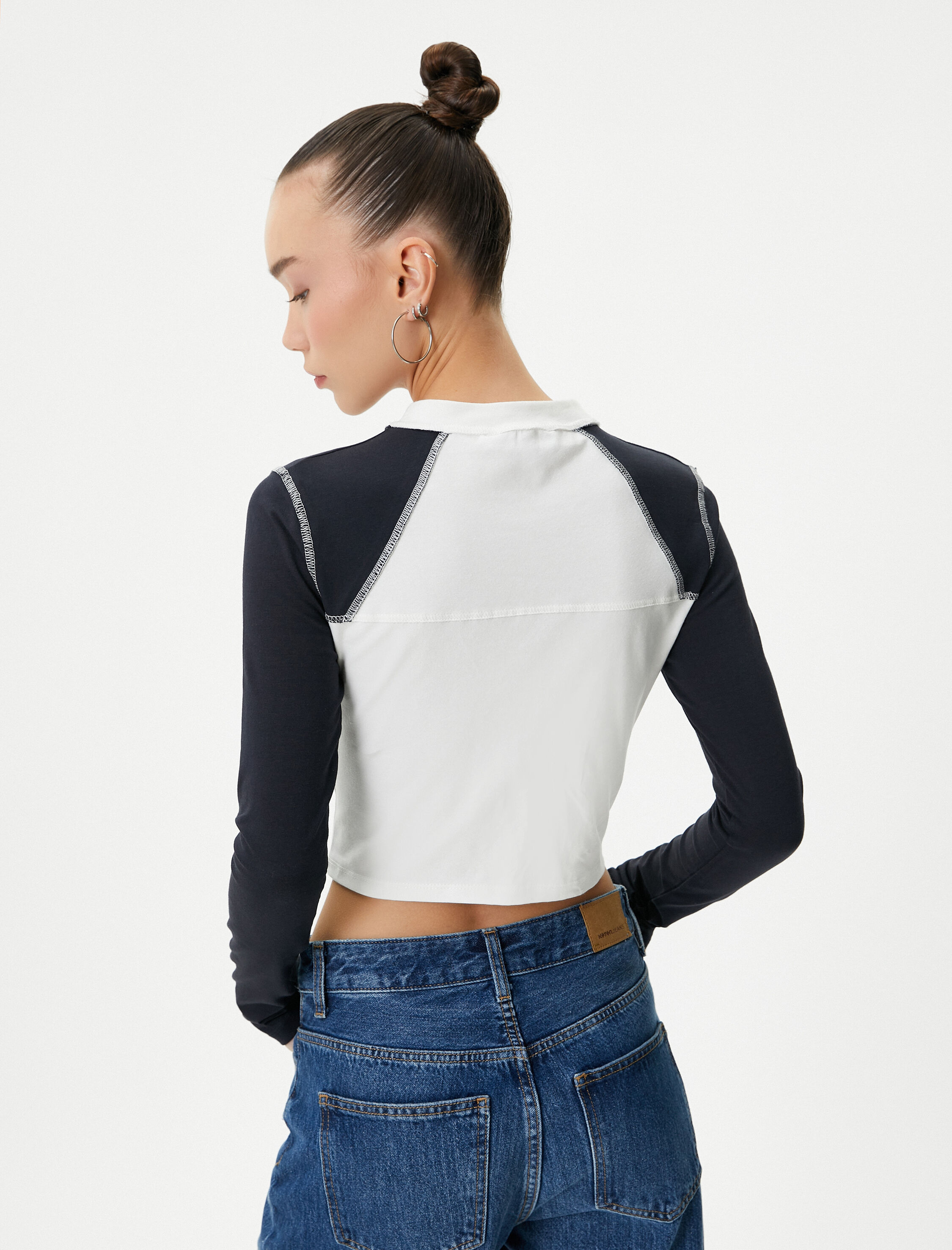   Kolej Crop Tişört Renk Bloklu Uzun Kollu Bisiklet Yaka Pamuklu