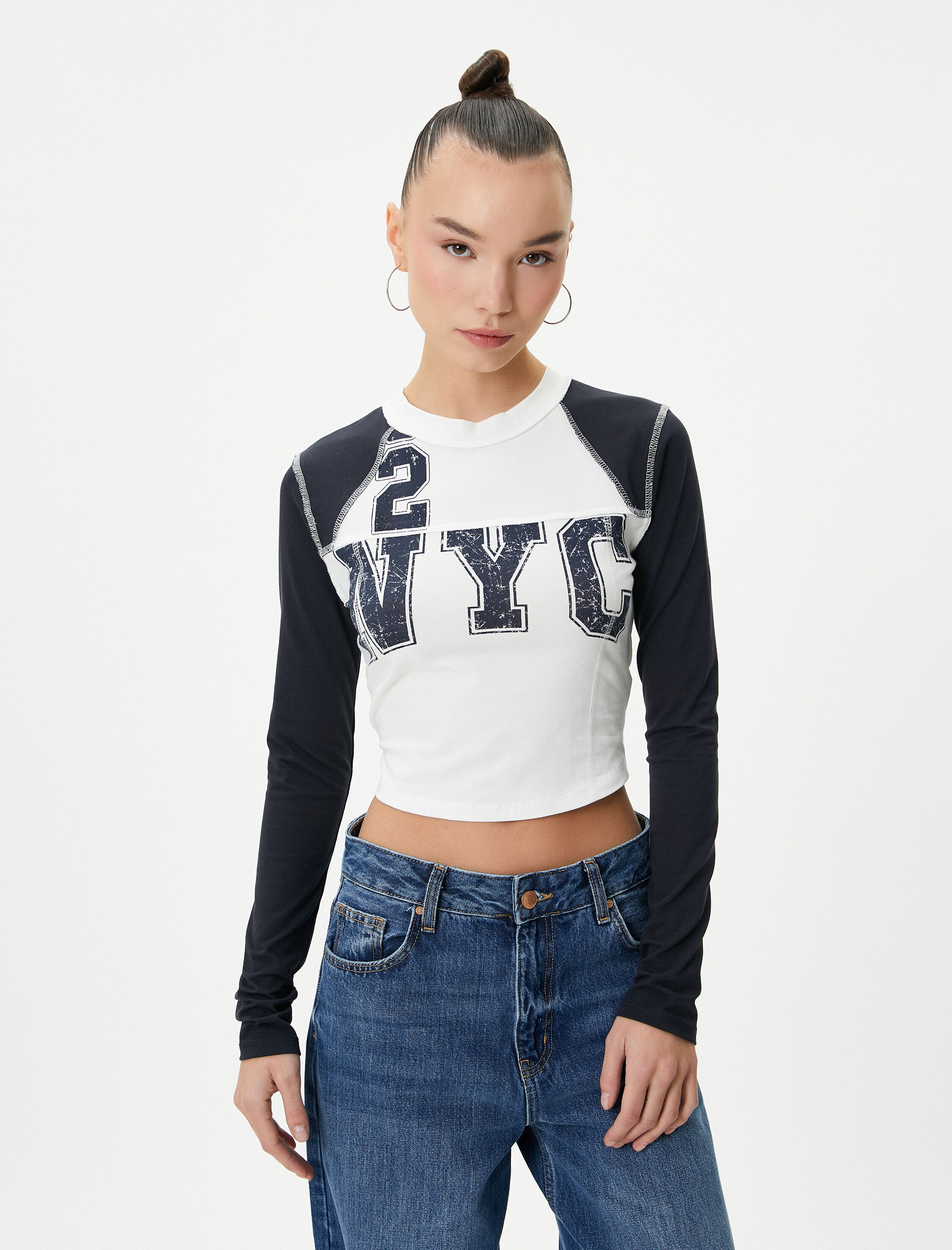   Kolej Crop Tişört Renk Bloklu Uzun Kollu Bisiklet Yaka Pamuklu