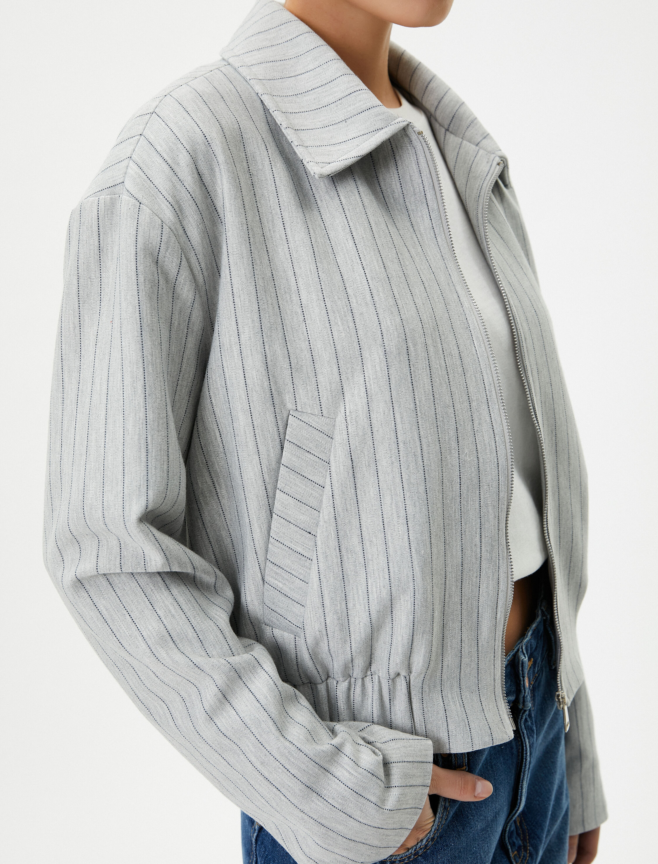   Bomber Ceket Fermuarlı Gömlek Yaka Cepli Rahat Kalıp