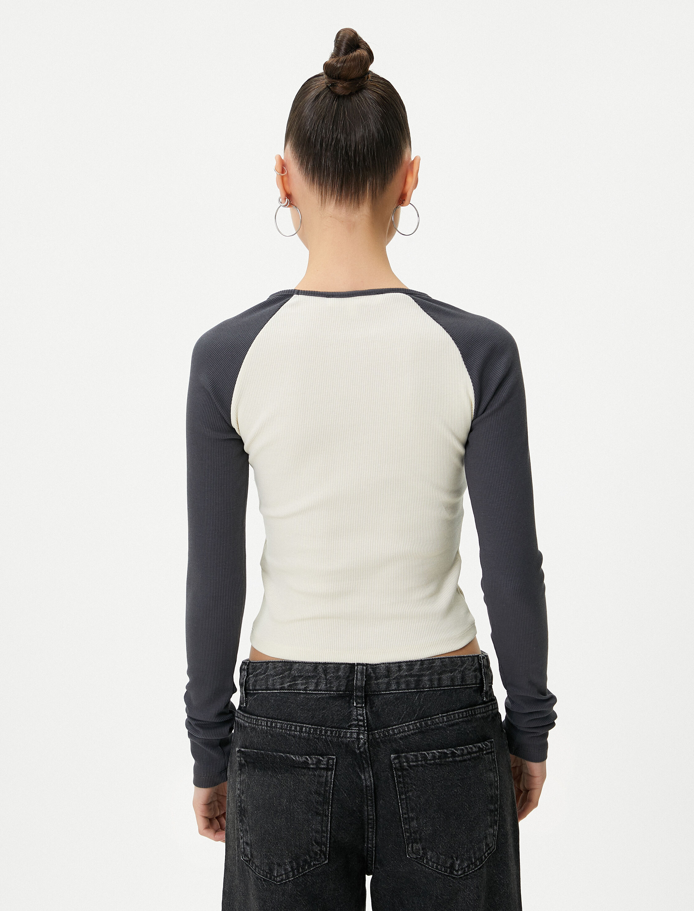   Baskılı Crop Tişört Renk Bloklu Uzun Kollu Bisiklet Yaka Ribanalı Pamuklu