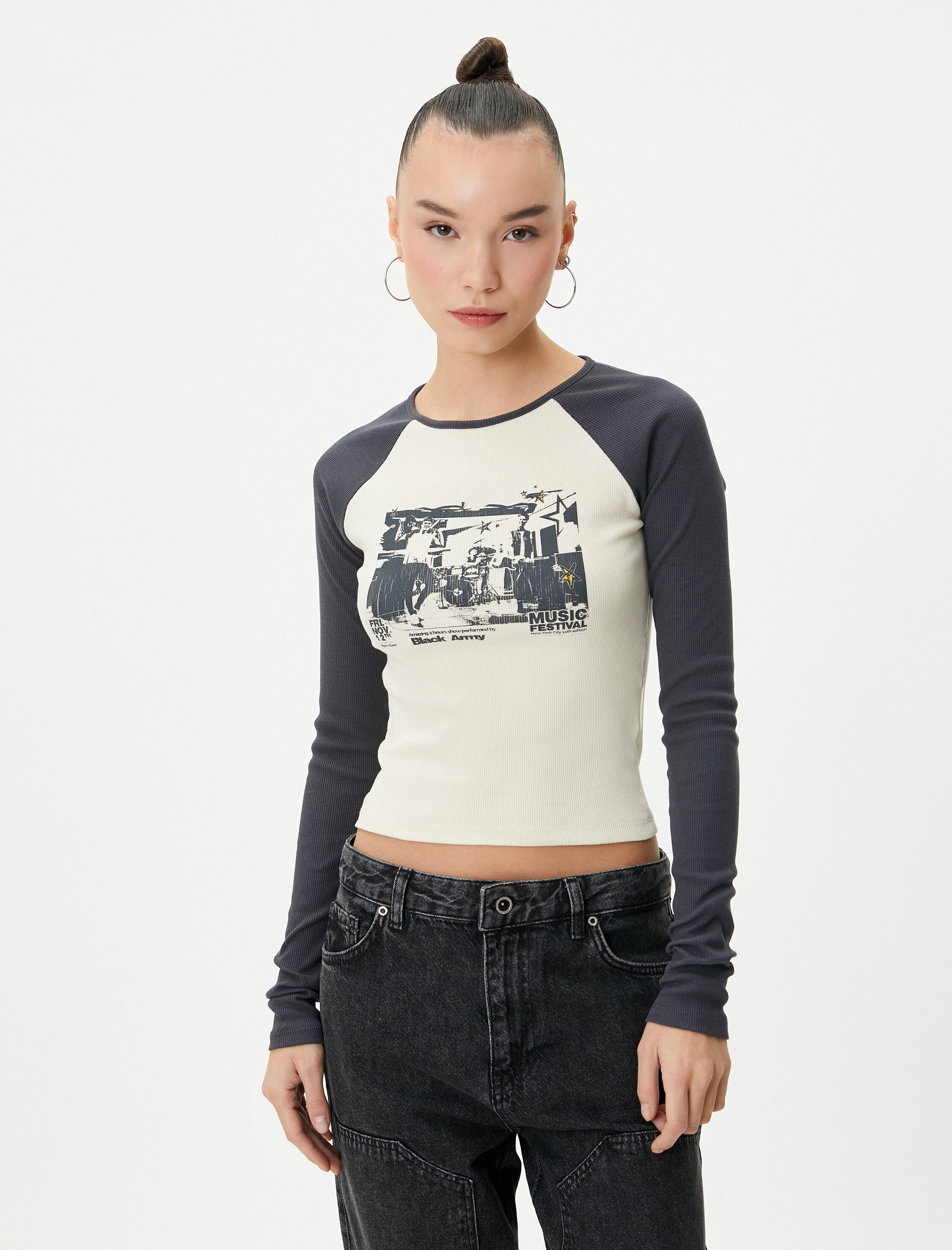   Baskılı Crop Tişört Renk Bloklu Uzun Kollu Bisiklet Yaka Ribanalı Pamuklu