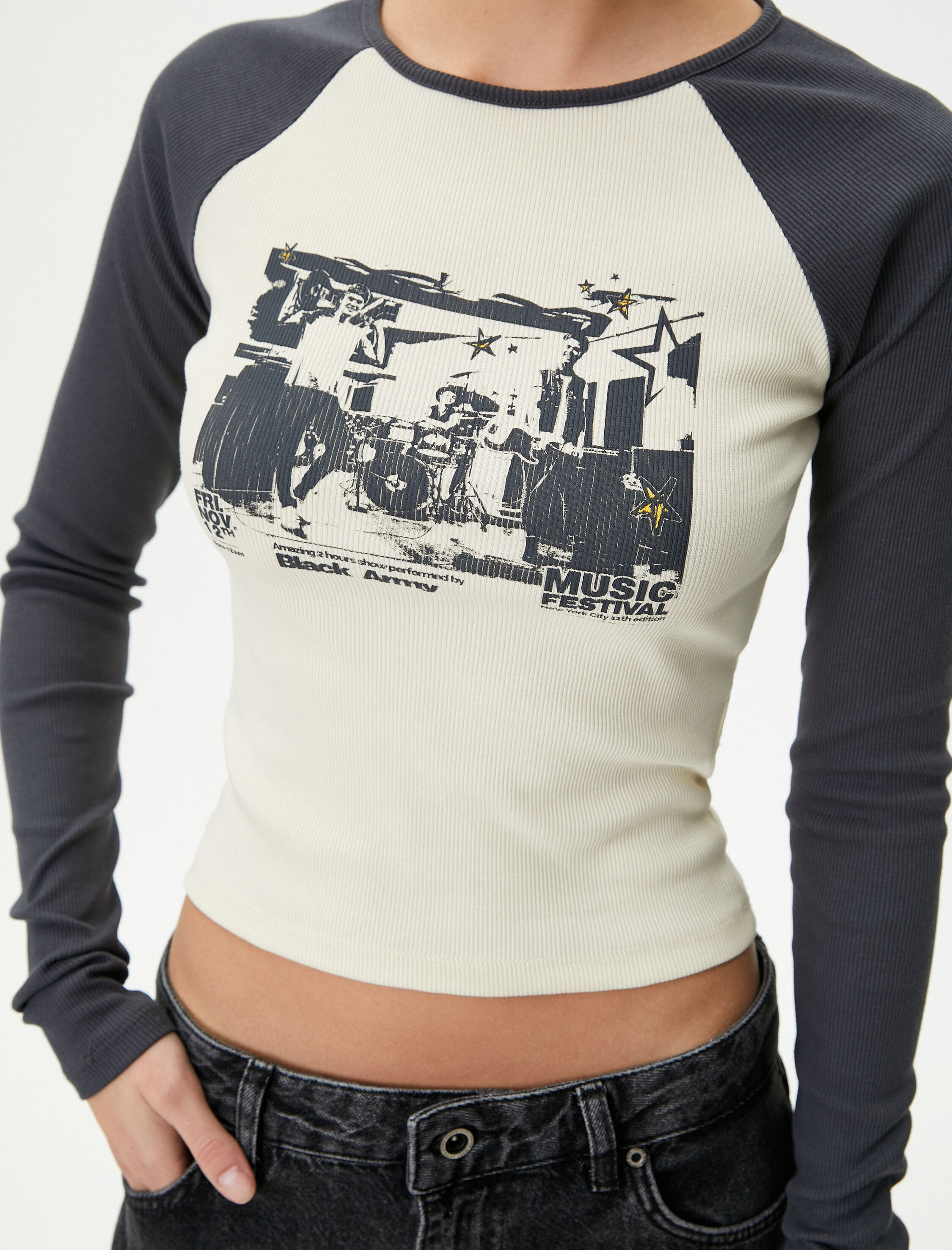   Baskılı Crop Tişört Renk Bloklu Uzun Kollu Bisiklet Yaka Ribanalı Pamuklu