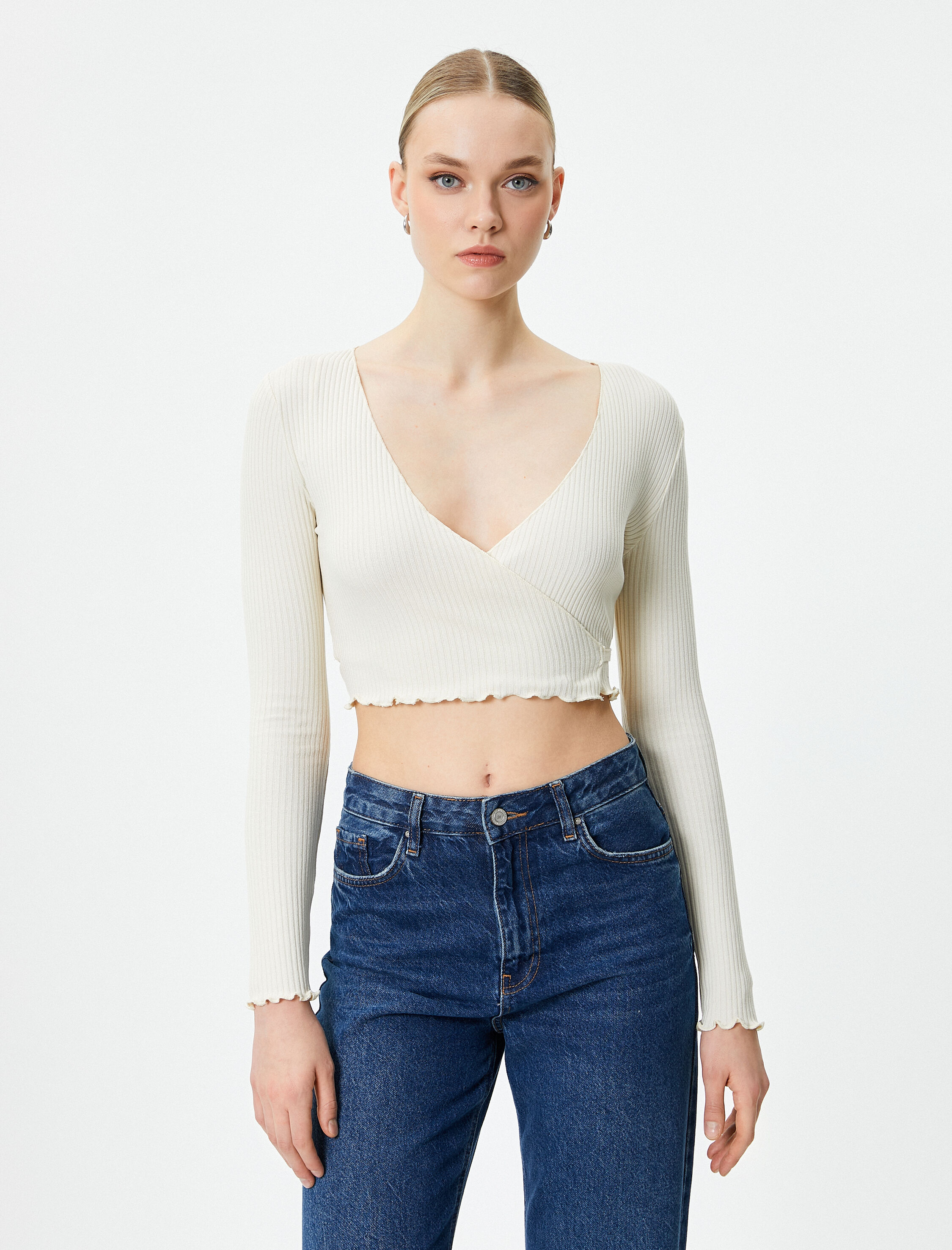 Kruvaze Crop Bluz Bağlamalı V Yaka Uzun Kollu Ribanalı