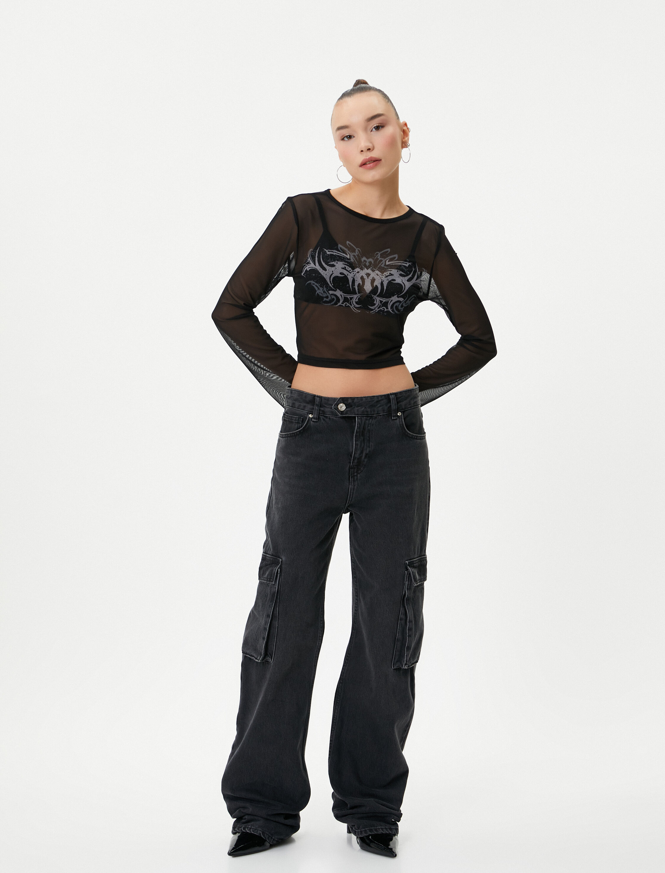   Tül Crop Tişört Baskılı Uzun Kollu Bisiklet Yaka