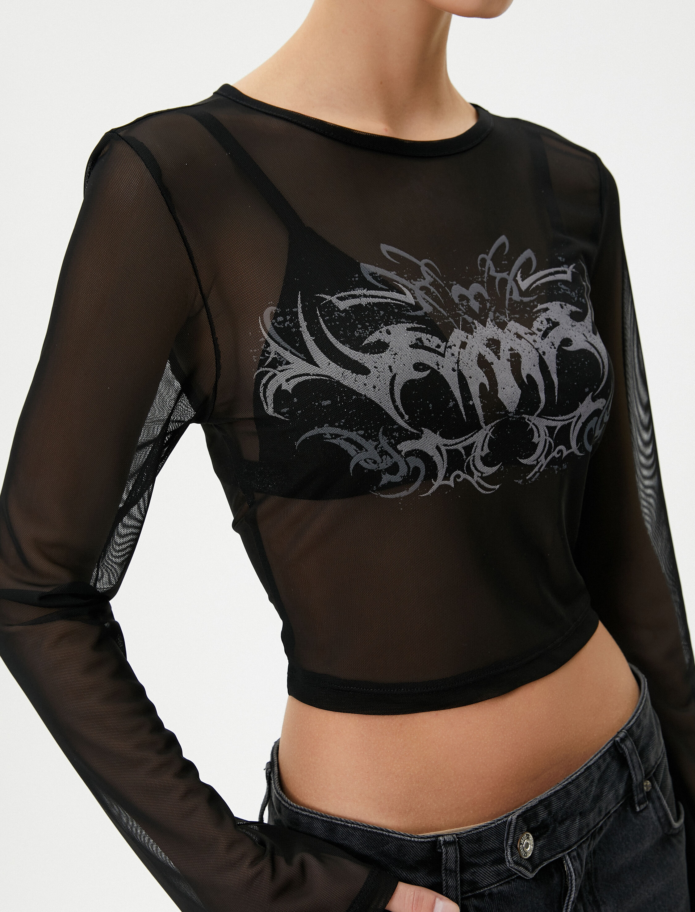   Tül Crop Tişört Baskılı Uzun Kollu Bisiklet Yaka