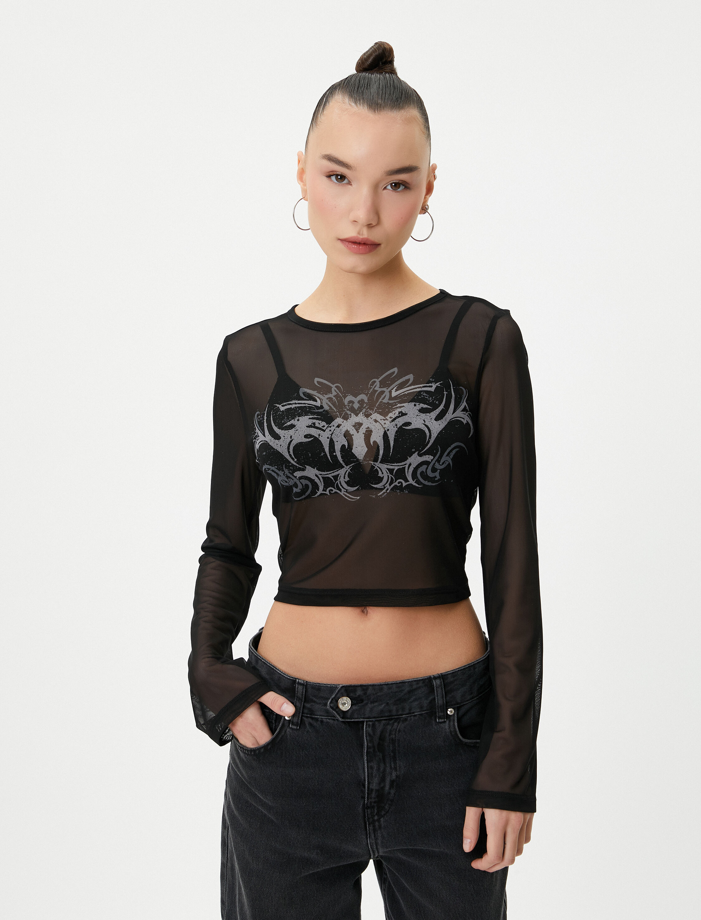   Tül Crop Tişört Baskılı Uzun Kollu Bisiklet Yaka