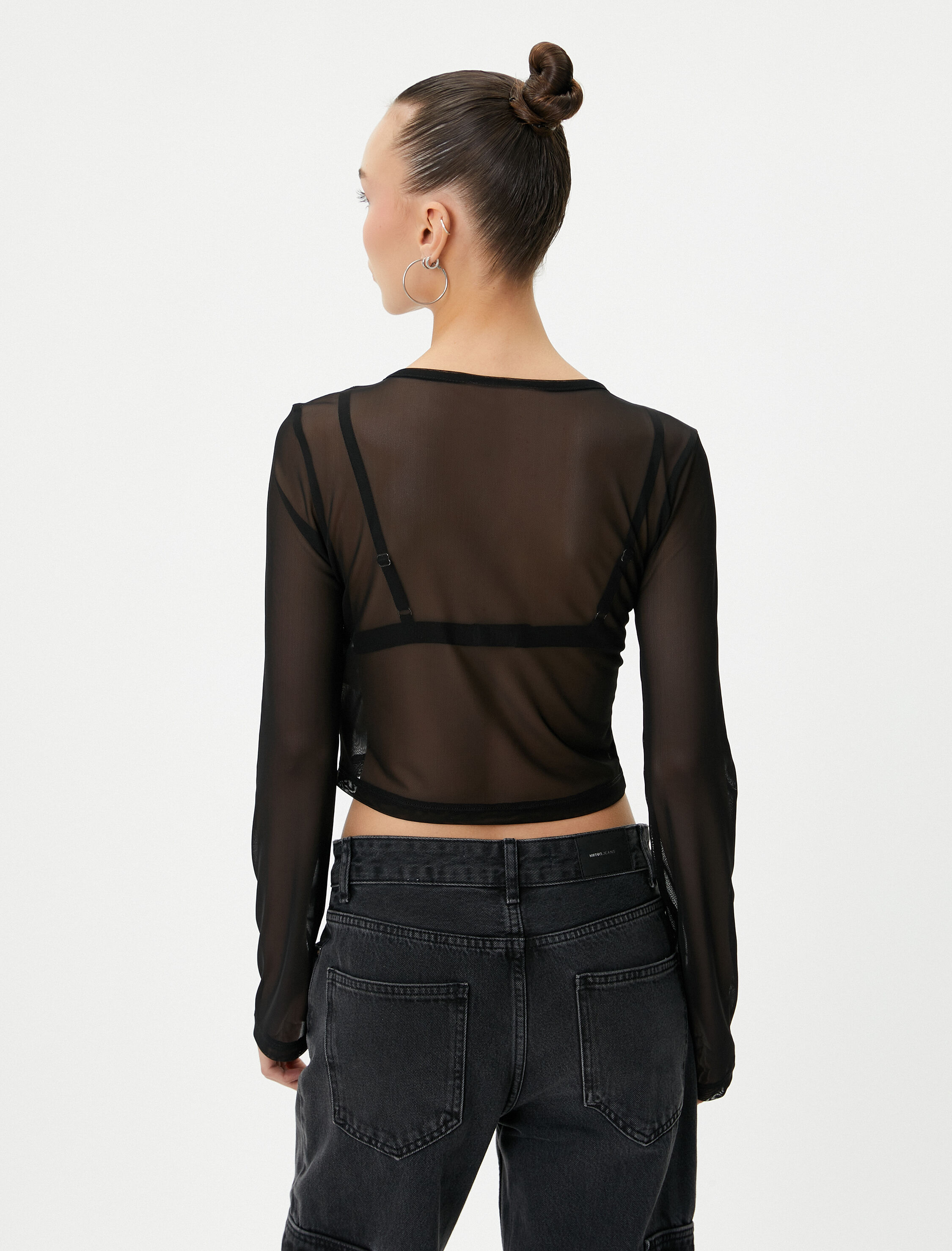   Tül Crop Tişört Baskılı Uzun Kollu Bisiklet Yaka