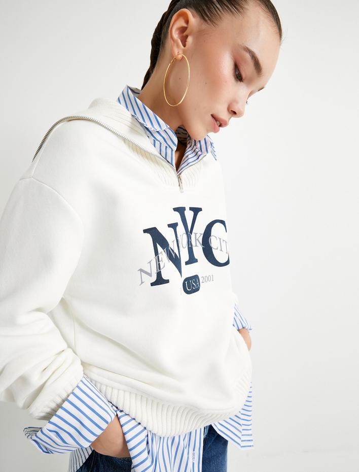  Şardonlu Yarım Fermuarlı Oversize Sweatshirt Kolej Temalı Dik Yaka