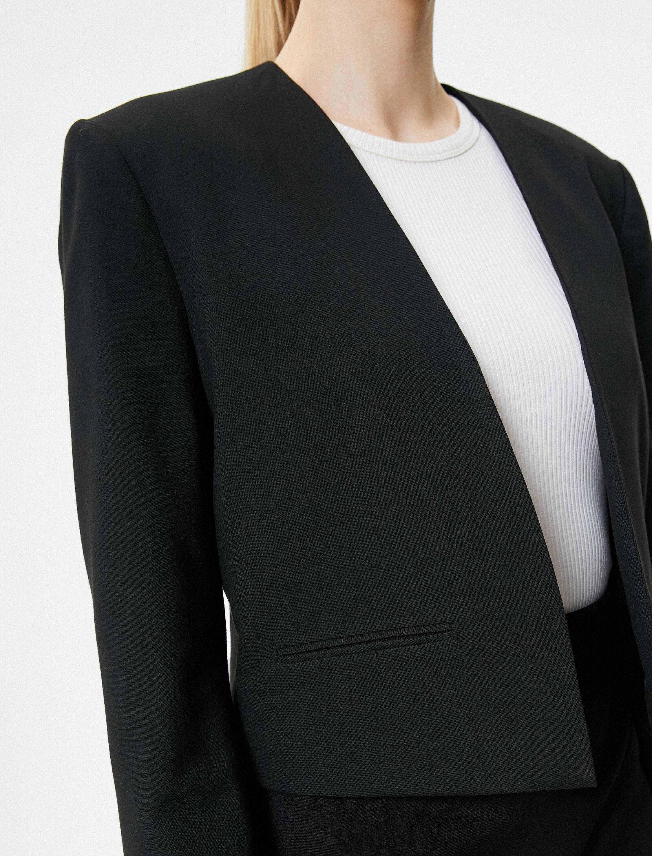   Crop Blazer Ceket Yakasız Cepli