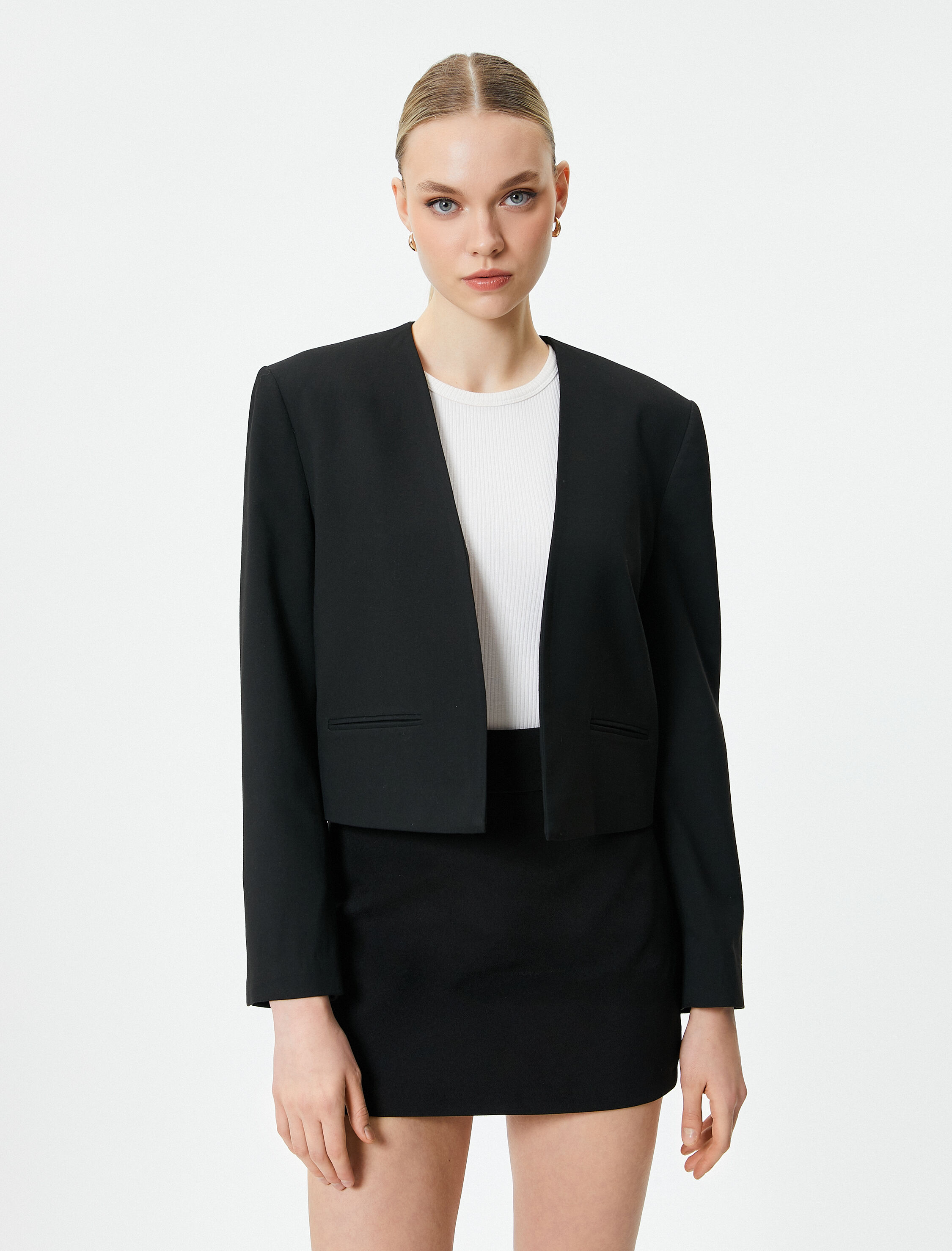   Crop Blazer Ceket Yakasız Cepli