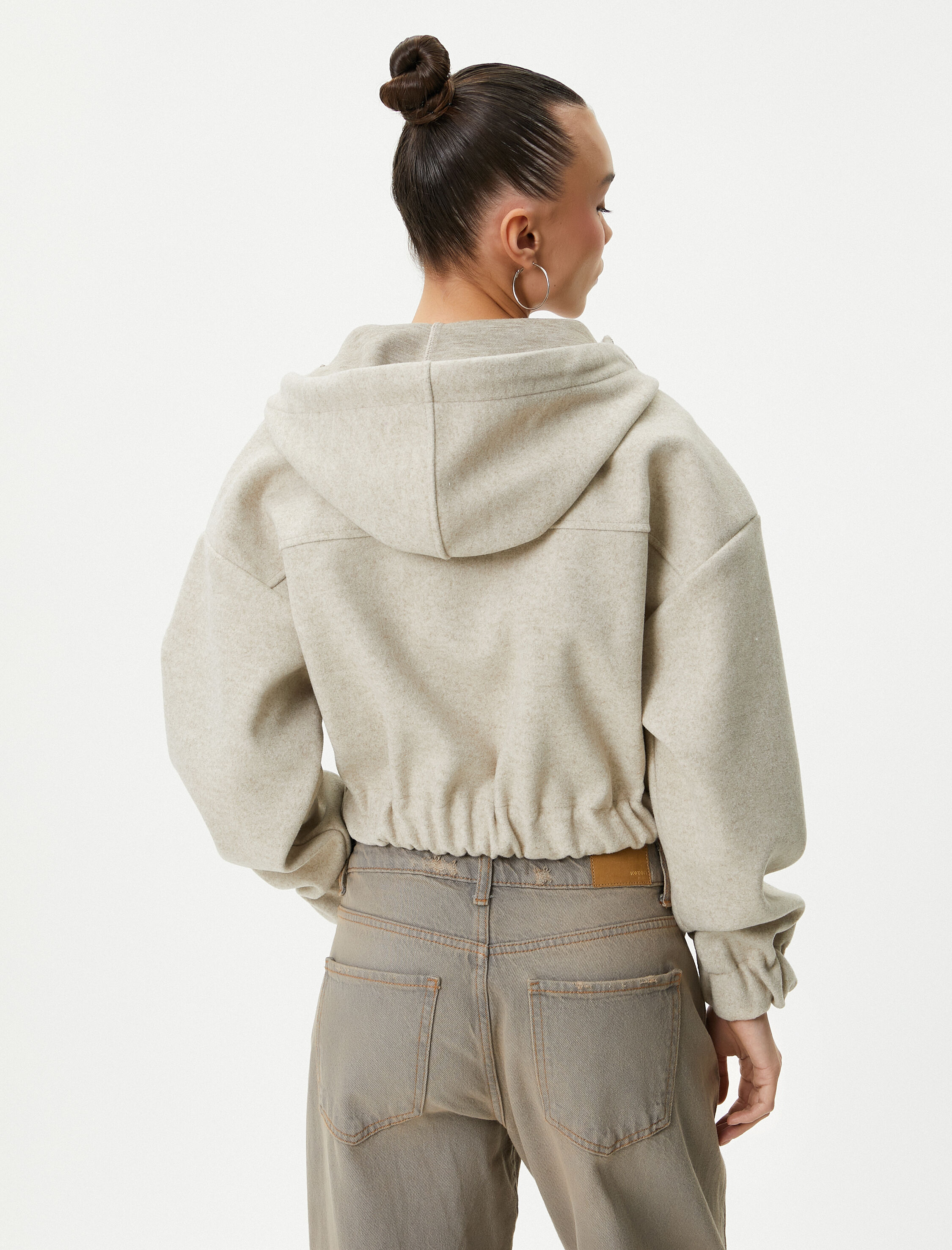   Şardonlu Kapüşonlu Fermuarlı Sweatshirt Crop Yumuşak Dokulu Cepli