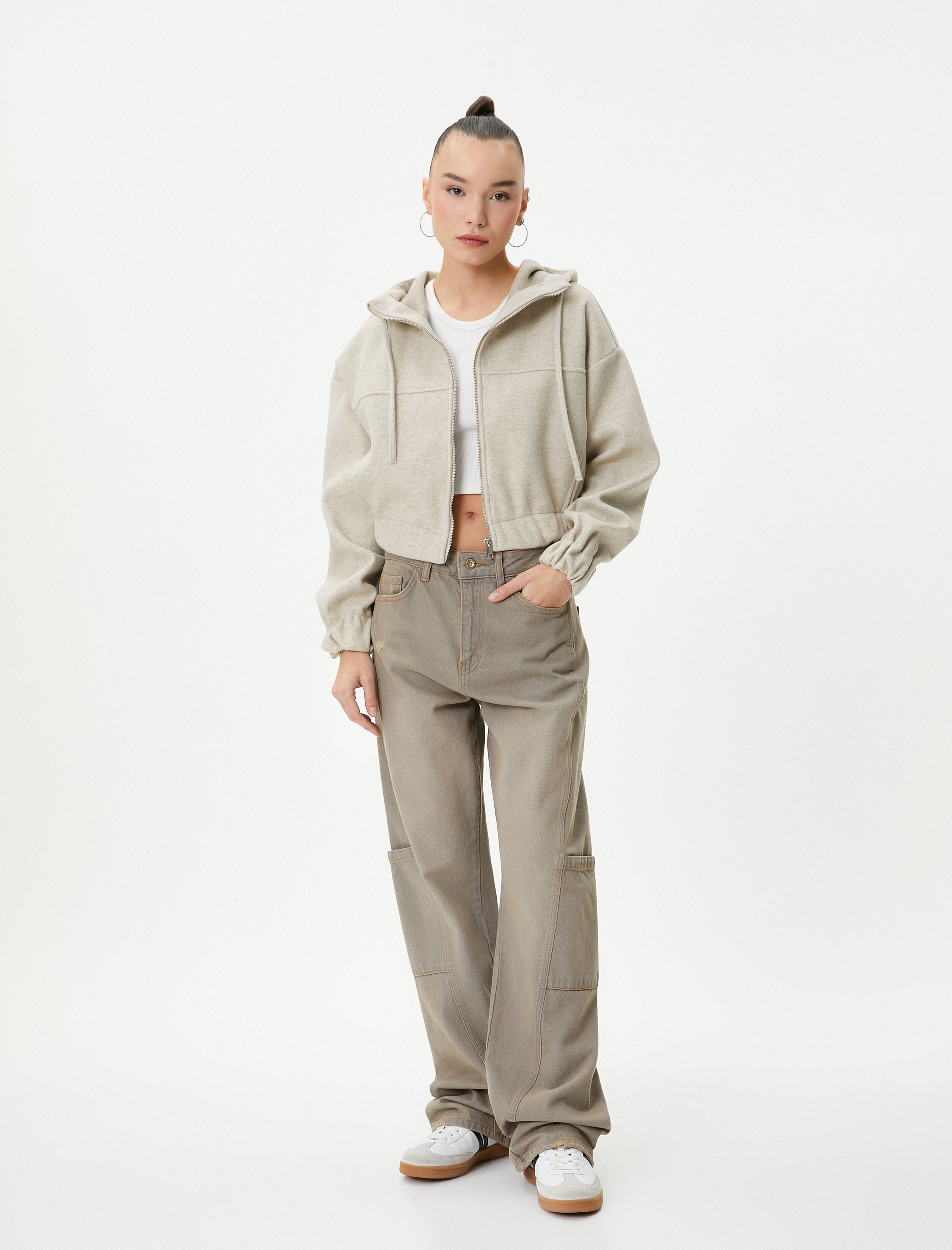   Şardonlu Kapüşonlu Fermuarlı Sweatshirt Crop Yumuşak Dokulu Cepli