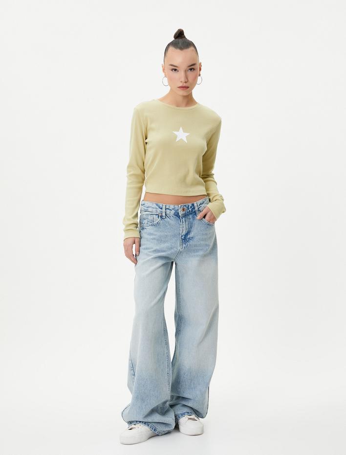  Ribanalı Uzun Kollu Tişört Bisiklet Yaka Baskılı Pamuklu