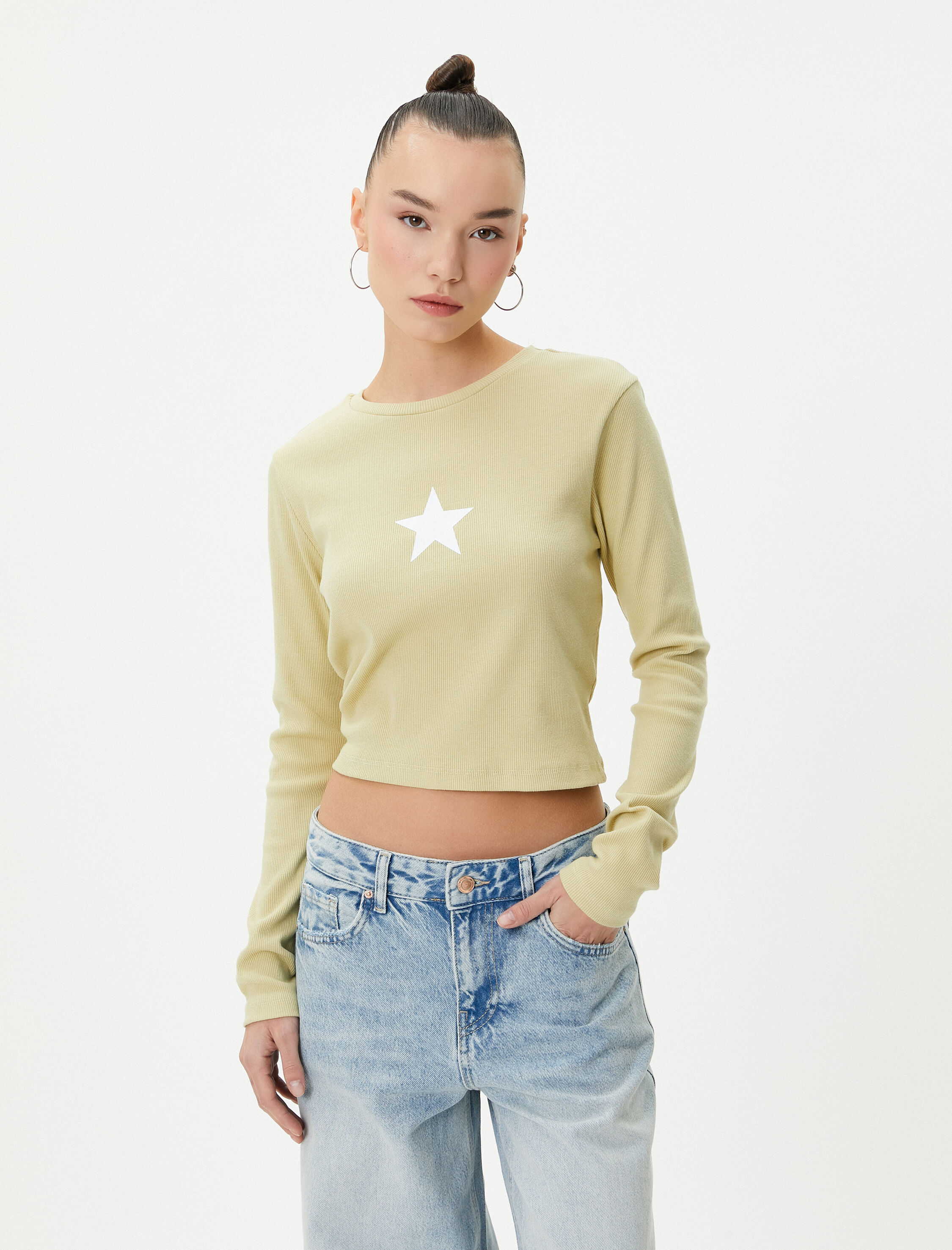   Ribanalı Uzun Kollu Tişört Bisiklet Yaka Baskılı Pamuklu