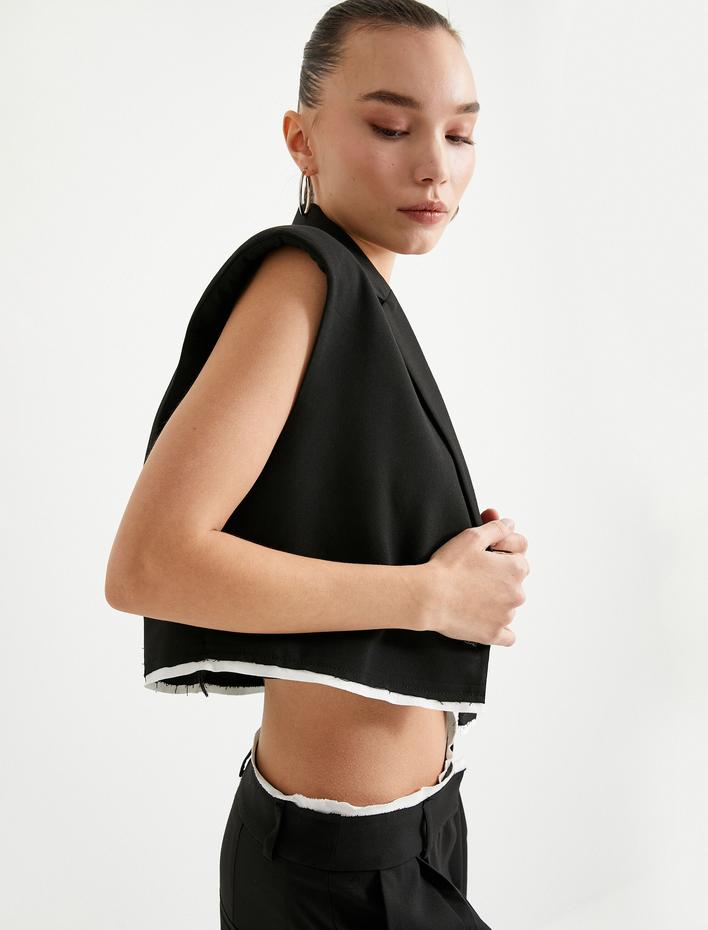  Crop Yelek Vatkalı Kruvaze Düğmeli Cep Detaylı