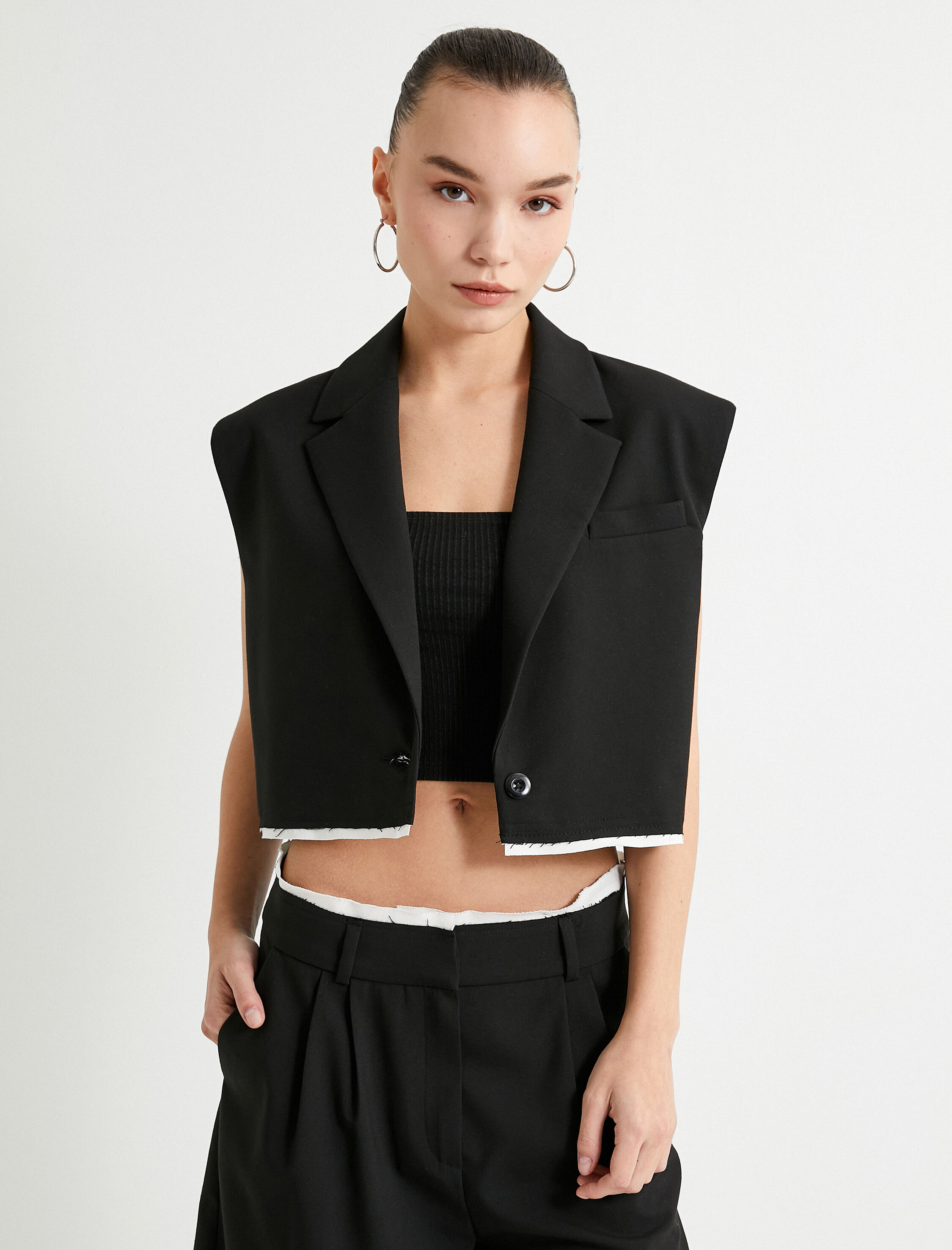   Crop Yelek Vatkalı Kruvaze Düğmeli Cep Detaylı