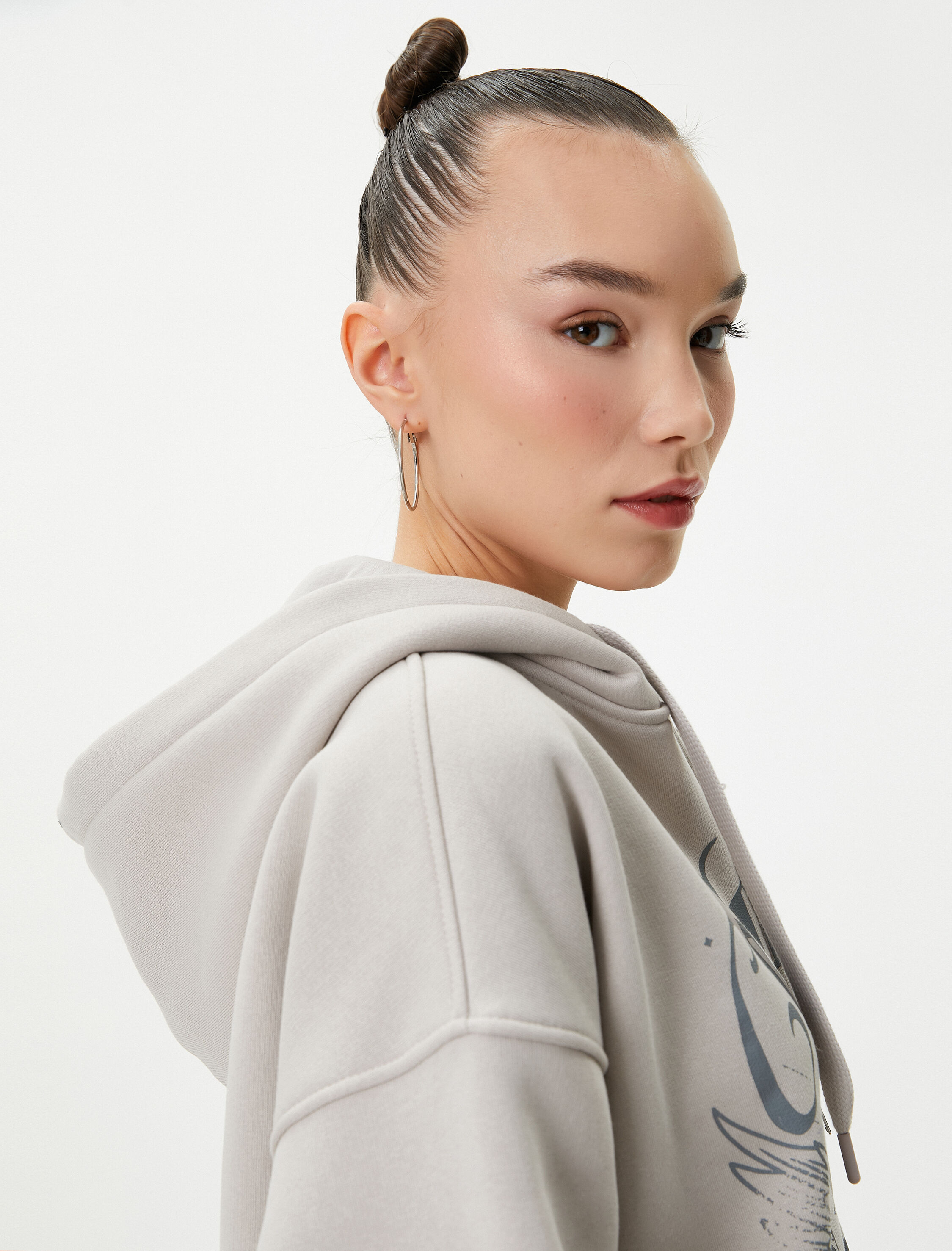   Şardonlu Kapüşonlu Fermuarlı Oversize Sweatshirt Baskılı Pamuk Karışımlı