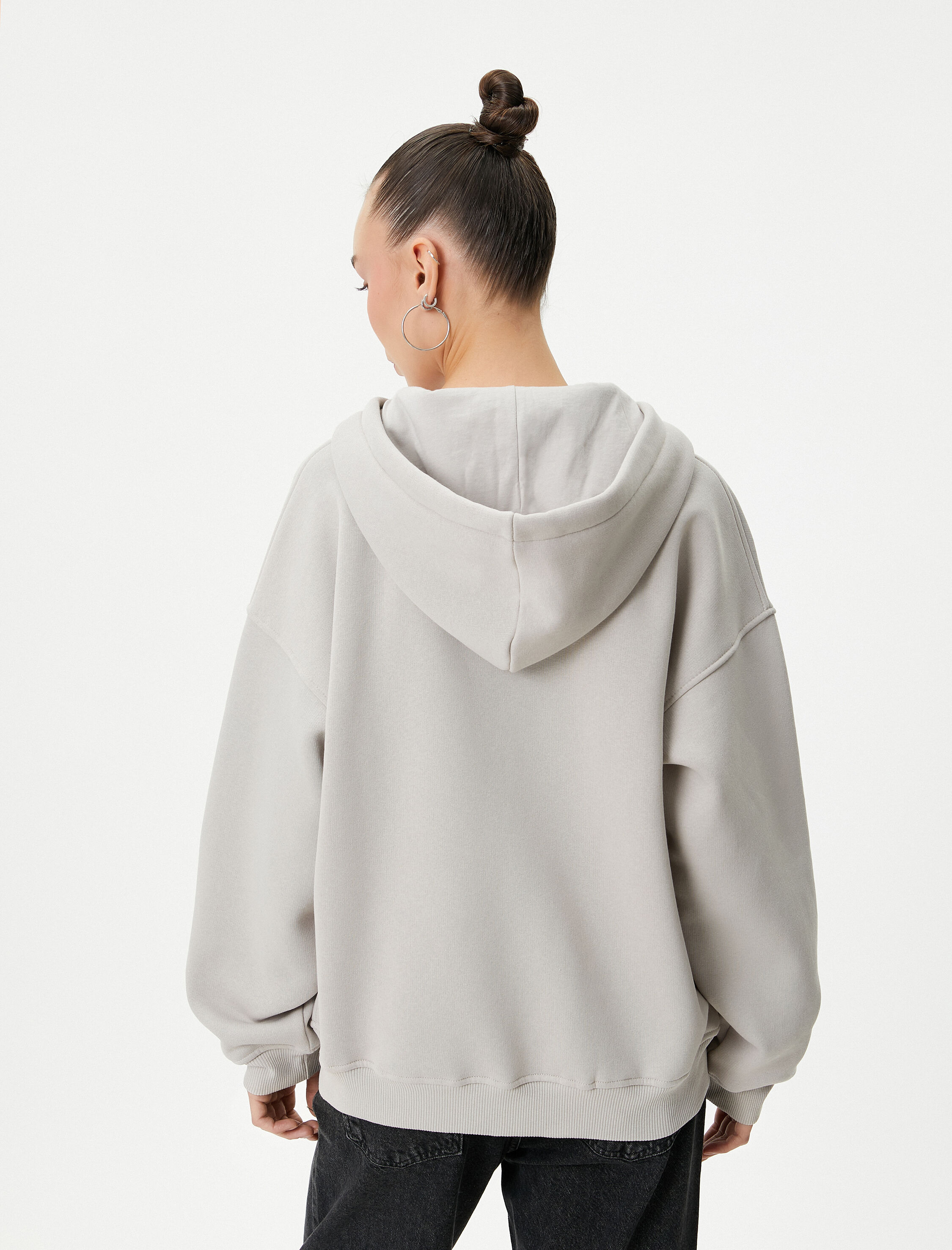   Şardonlu Kapüşonlu Fermuarlı Oversize Sweatshirt Baskılı Pamuk Karışımlı