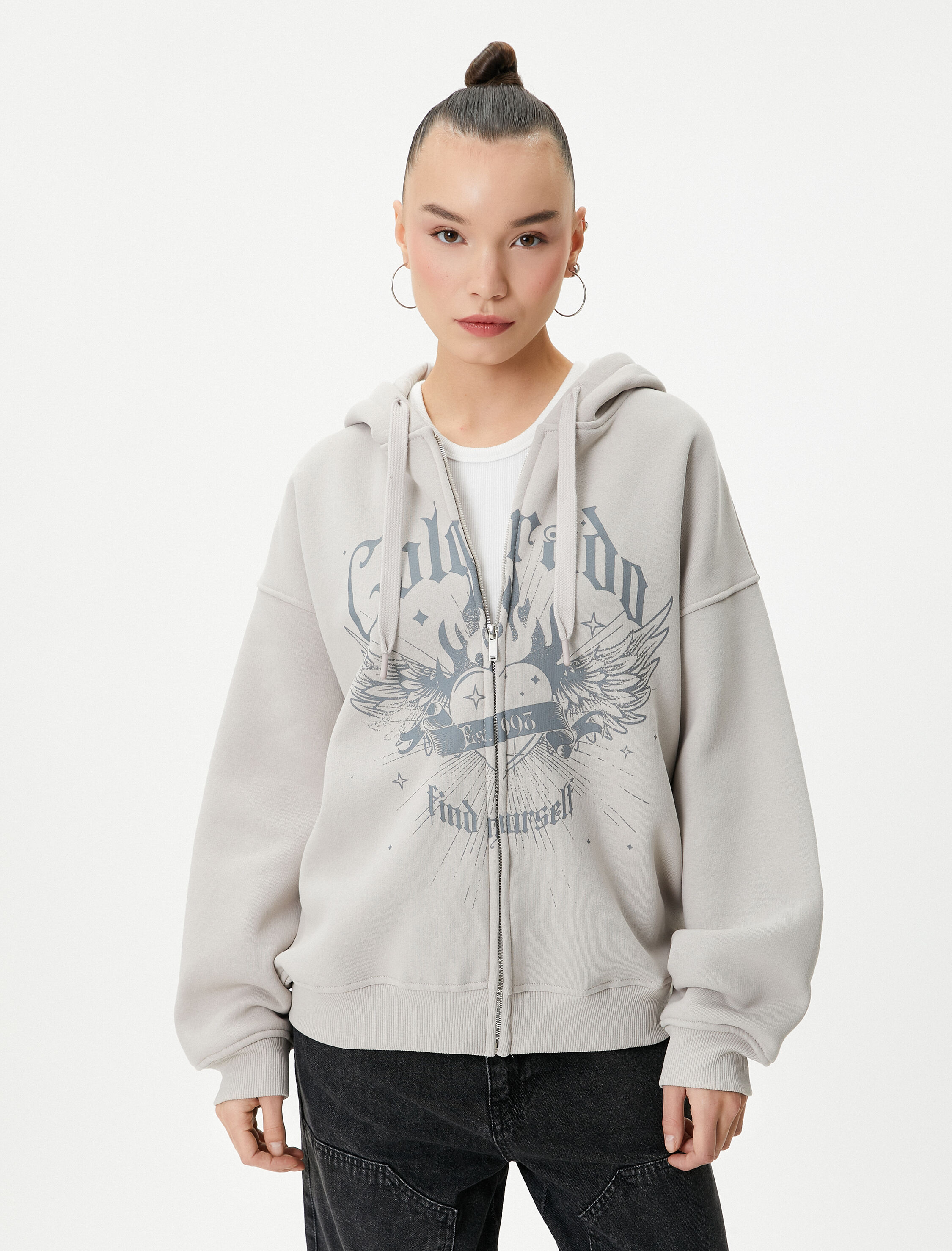   Şardonlu Kapüşonlu Fermuarlı Oversize Sweatshirt Baskılı Pamuk Karışımlı