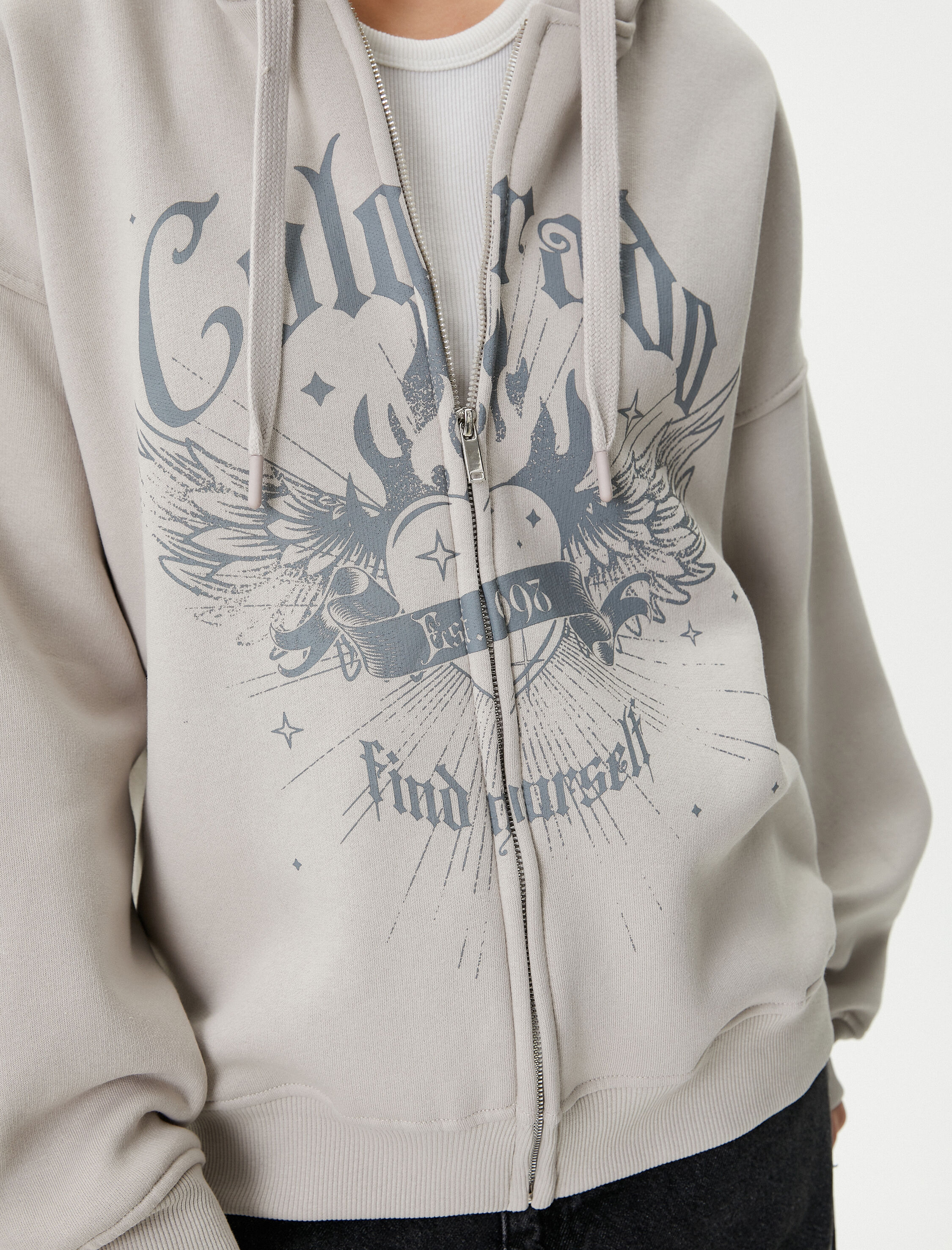   Şardonlu Kapüşonlu Fermuarlı Oversize Sweatshirt Baskılı Pamuk Karışımlı