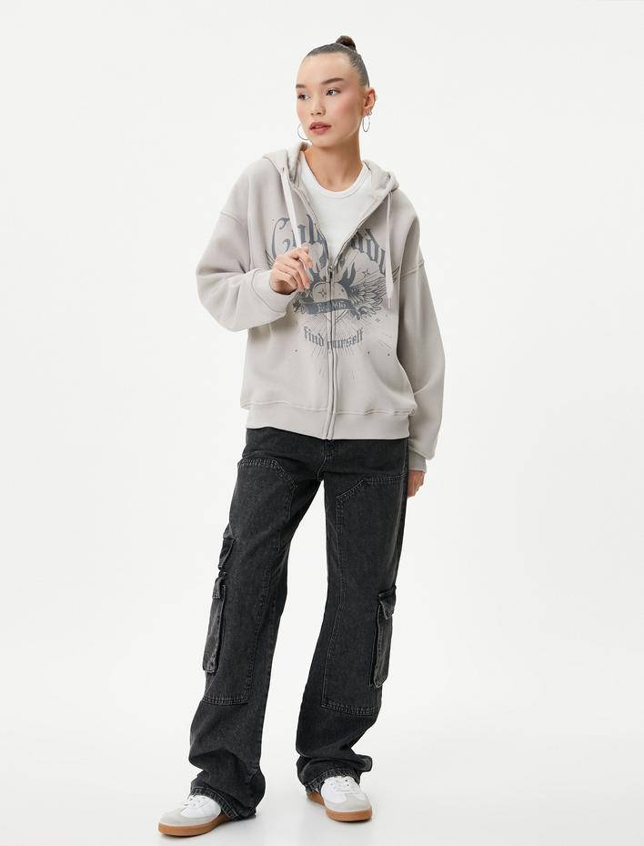  Şardonlu Kapüşonlu Fermuarlı Oversize Sweatshirt Baskılı Pamuk Karışımlı