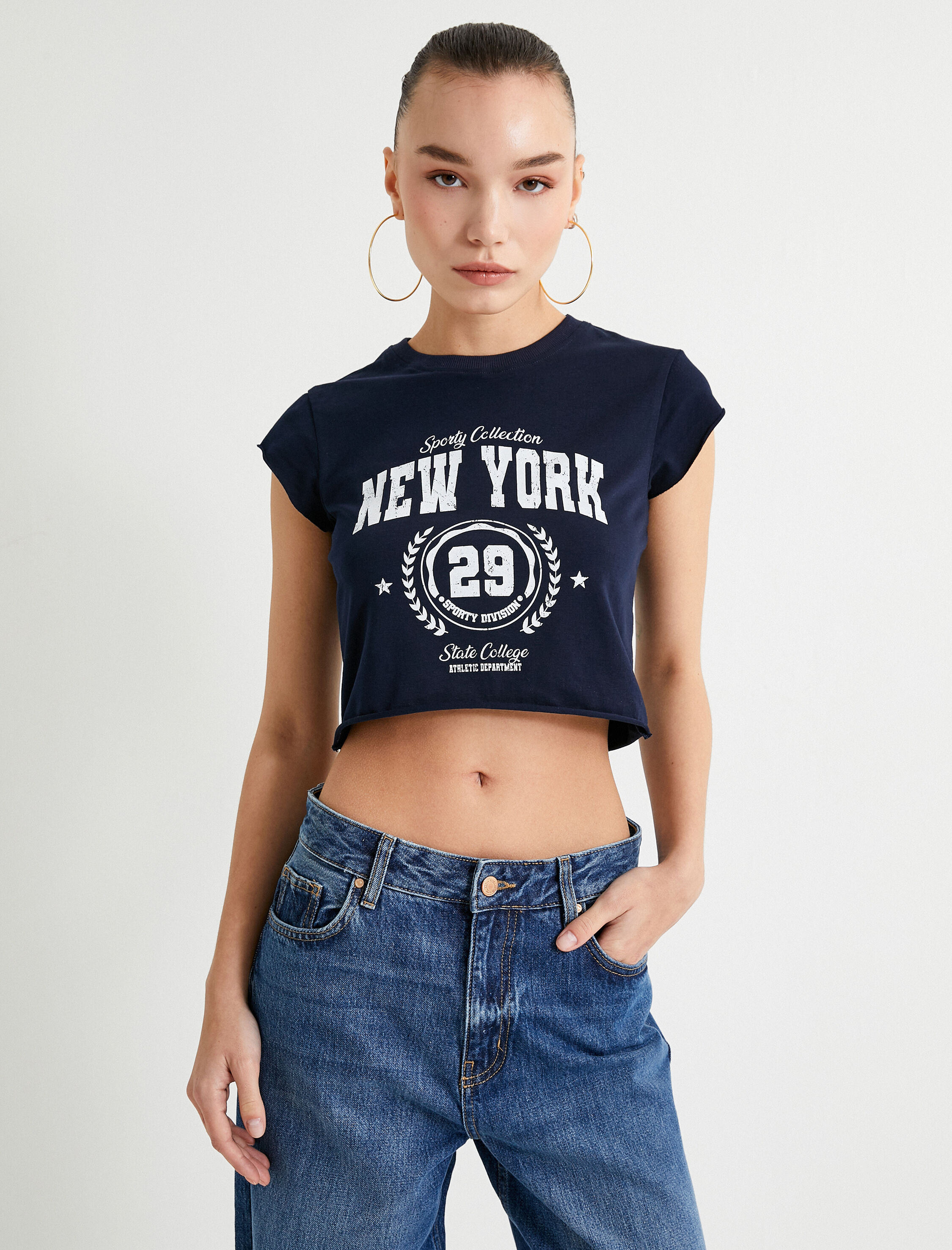   Crop Baskılı Tişört Kap Kol Bisiklet Yaka Pamuklu