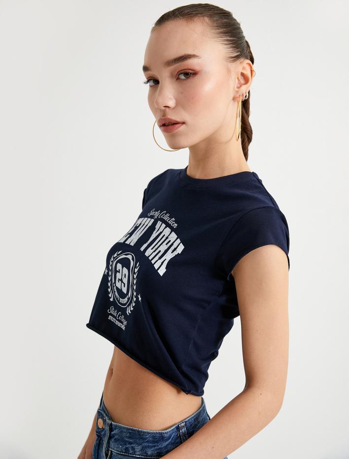  Crop Baskılı Tişört Kap Kol Bisiklet Yaka Pamuklu