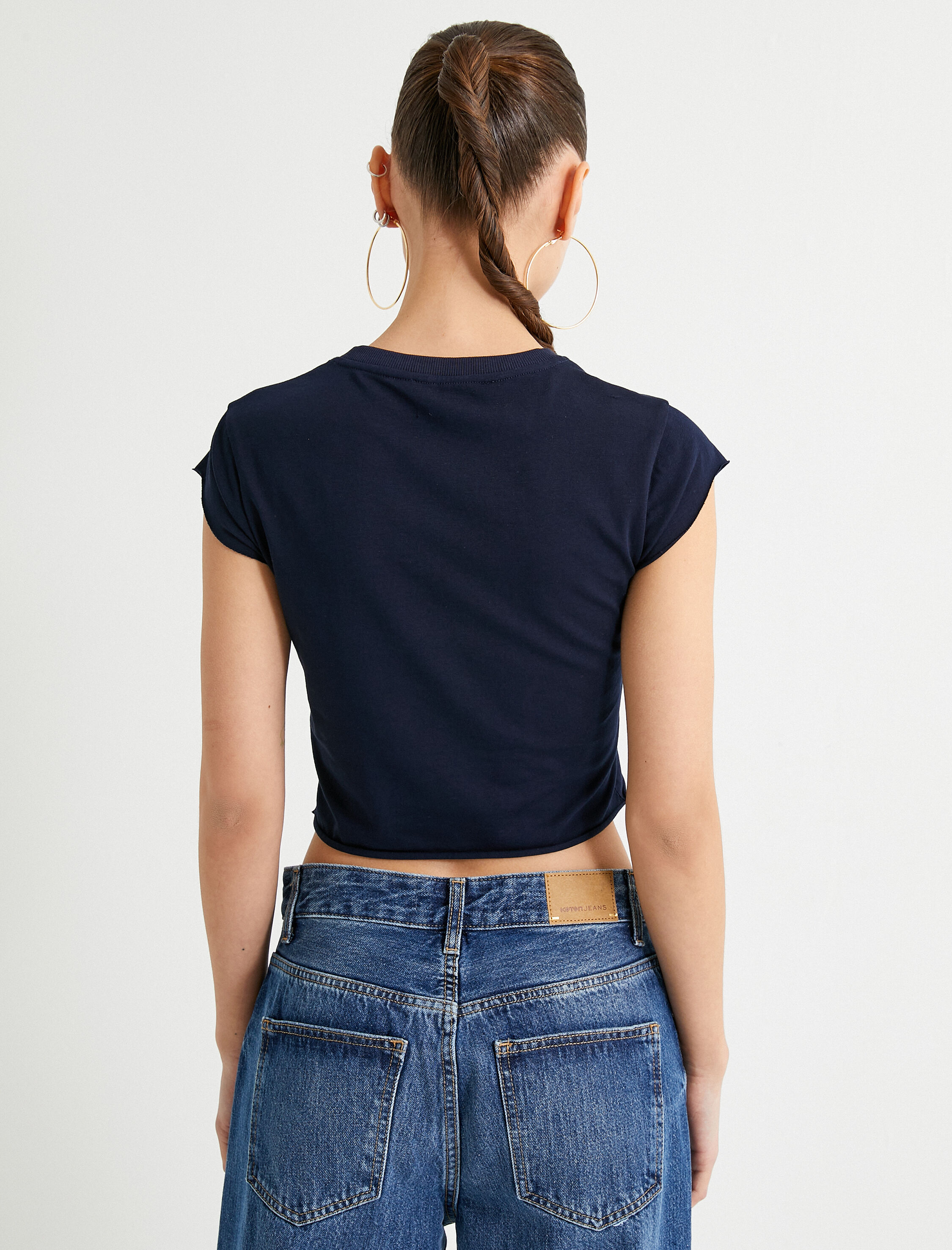   Crop Baskılı Tişört Kap Kol Bisiklet Yaka Pamuklu