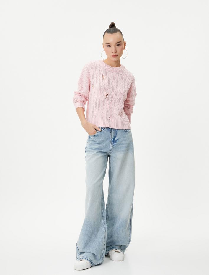  Triko Kazak Saç Örgü Detaylı Yıpratılmış Bisiklet Yaka